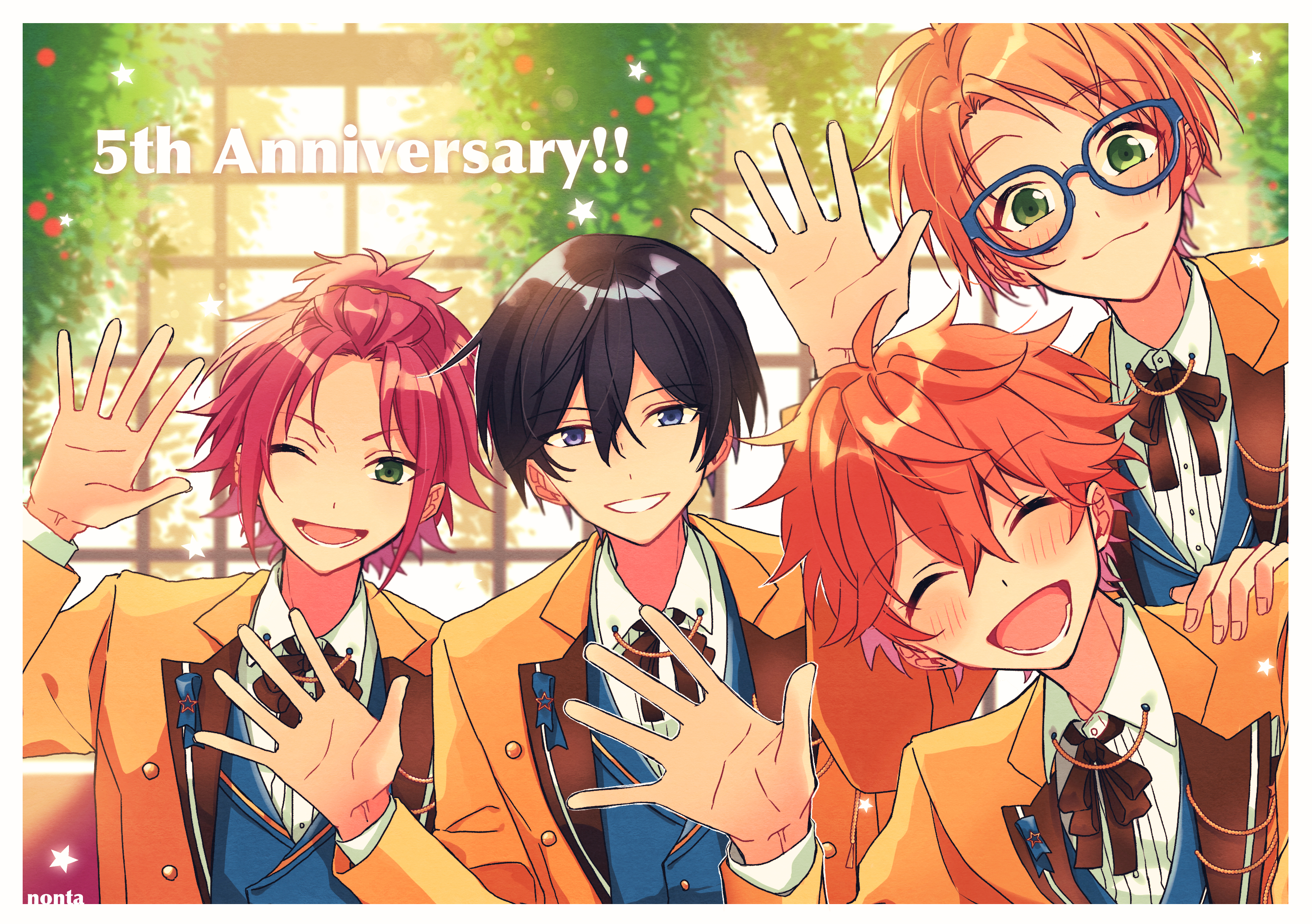 zu tonatuyasumi, akehoshi subaru, hidaka hokuto, isara mao, yuuki makoto (ensemble stars!), ensemble stars!, highres, 4boys, anniversary, arm up, bangs pinned back, black hair, blonde hair, blue-framed eyewear, blue eyes, border, brown jacket, closed eyes, closed mouth, glasses, green eyes, hair between eyes, jacket, looking at viewer, lower teeth only, male focus, multiple boys, official alternate costume, one eye closed, open clothes, open jacket, open mouth, orange hair, red hair, short hair, smile, teeth, trickstar (ensemble stars!), upper body, waving, white border, window