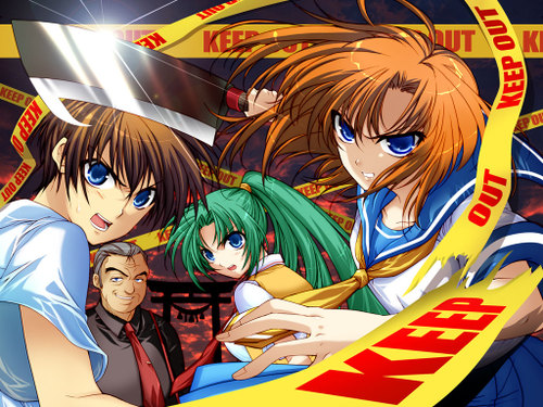 suzuragi karin, maebara keiichi, ooishi kuraudo, ryuuguu rena, sonozaki mion, higurashi no naku koro ni, lowres, non-web source, 00s, 2boys, 2girls, angry, billhook, blue eyes, brown hair, caution tape, green hair, grey hair, hashitsuki nata, hatchet, keep out, long hair, multiple boys, multiple girls, nata (tool), necktie, orange hair, ponytail