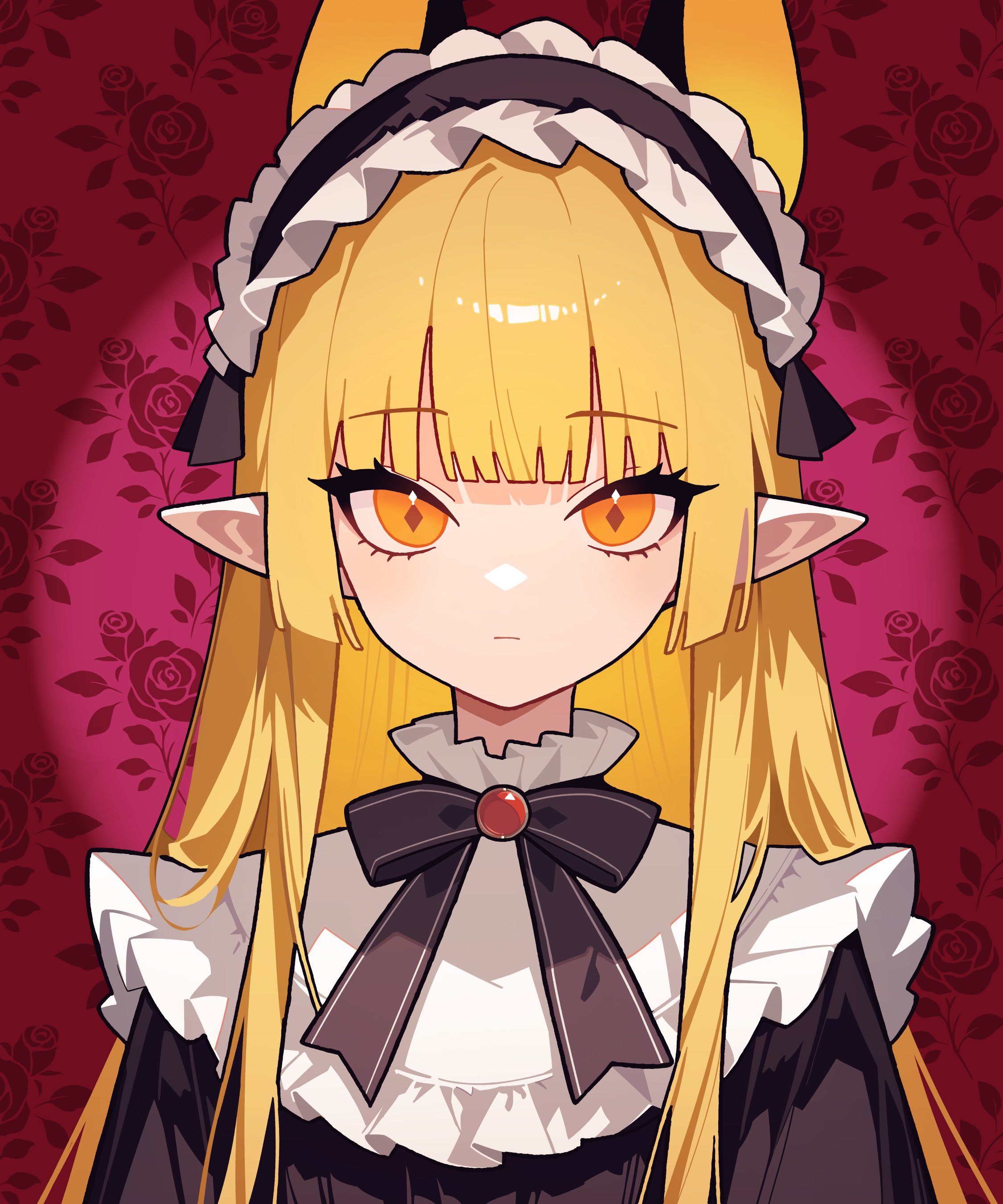 llucilab, absurdres, character request, commentary request, copyright request, highres, 1girl, black dress, black ribbon, blonde hair, blunt bangs, brooch, closed mouth, diamond-shaped pupils, diamond (shape), dress, expressionless, floral background, frilled dress, frills, high collar, jewelry, long hair, looking at viewer, maid headdress, neck ribbon, orange eyes, pale skin, patterned background, pointy ears, portrait, red background, ribbon, sidelocks, solo, straight hair, symbol-shaped pupils