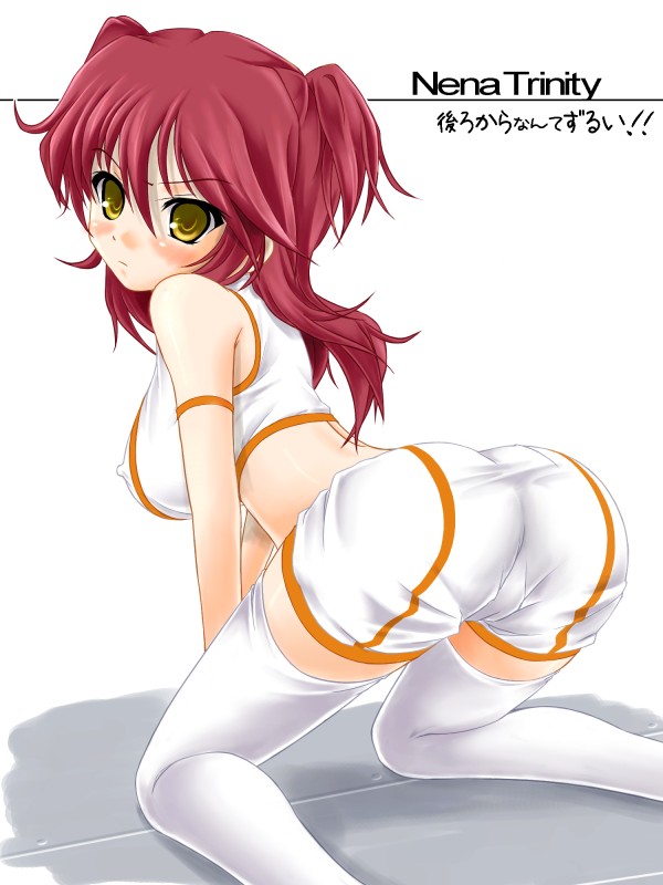 katsuragi niya, nena trinity, gundam, gundam 00, 00s, 1girl, ass, breasts, covered erect nipples, female focus, kneeling, large breasts, midriff, red hair, solo, thighhighs, yellow eyes, zettai ryouiki