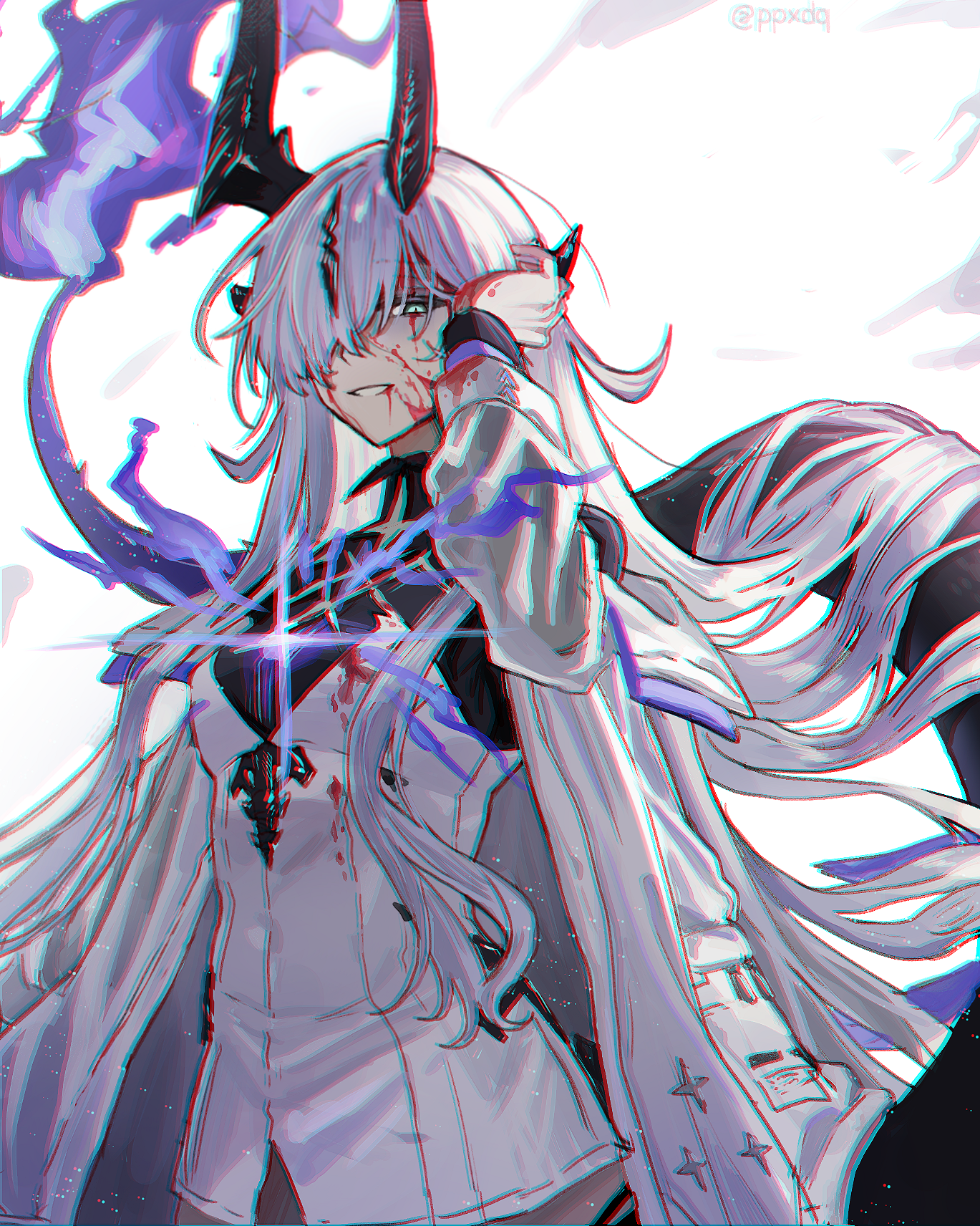 ppxdq, necrass (arknights), arknights, highres, 1girl, aqua eyes, black horns, black tail, blood, blood on clothes, blood on face, breasts, chromatic aberration, coat, dragon girl, dragon horns, dragon tail, dress, fire, flame-tipped tail, grin, hair between eyes, hair over one eye, hand on own head, heavy chromatic aberration, horns, light in heart, light particles, long hair, long sleeves, looking at viewer, medium breasts, multiple horns, one eye covered, open clothes, open coat, purple fire, purple light, simple background, smile, solo, tail, very long hair, white background, white coat, white dress, white hair