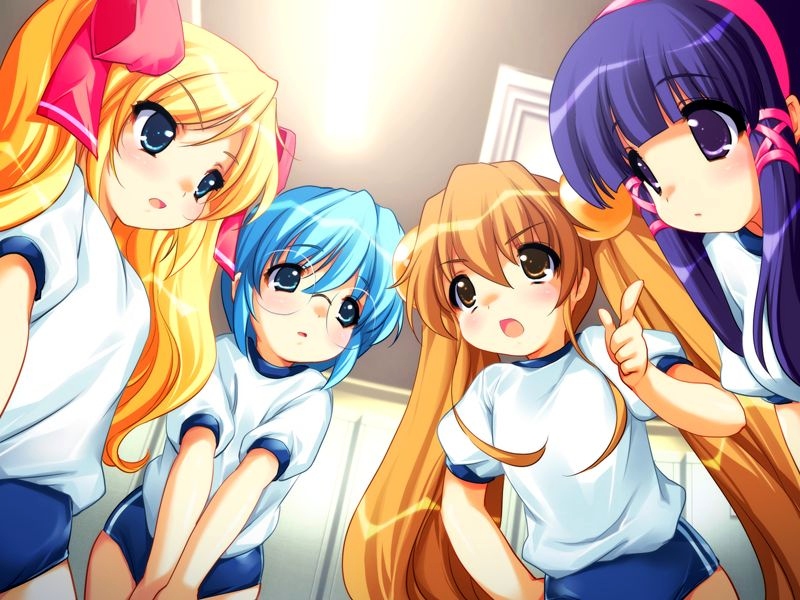emily (pure dream), akina (buru x karu), fuyuki (buru x karu), haruka (buru x karu), natsuo (buru x karu), buru x karu, game cg, jpeg artifacts, 4girls, blonde hair, blue eyes, blue hair, blush, brown eyes, brown hair, buruma, child, from below, glasses, gym uniform, long hair, multiple girls, purple eyes, short hair, twintails
