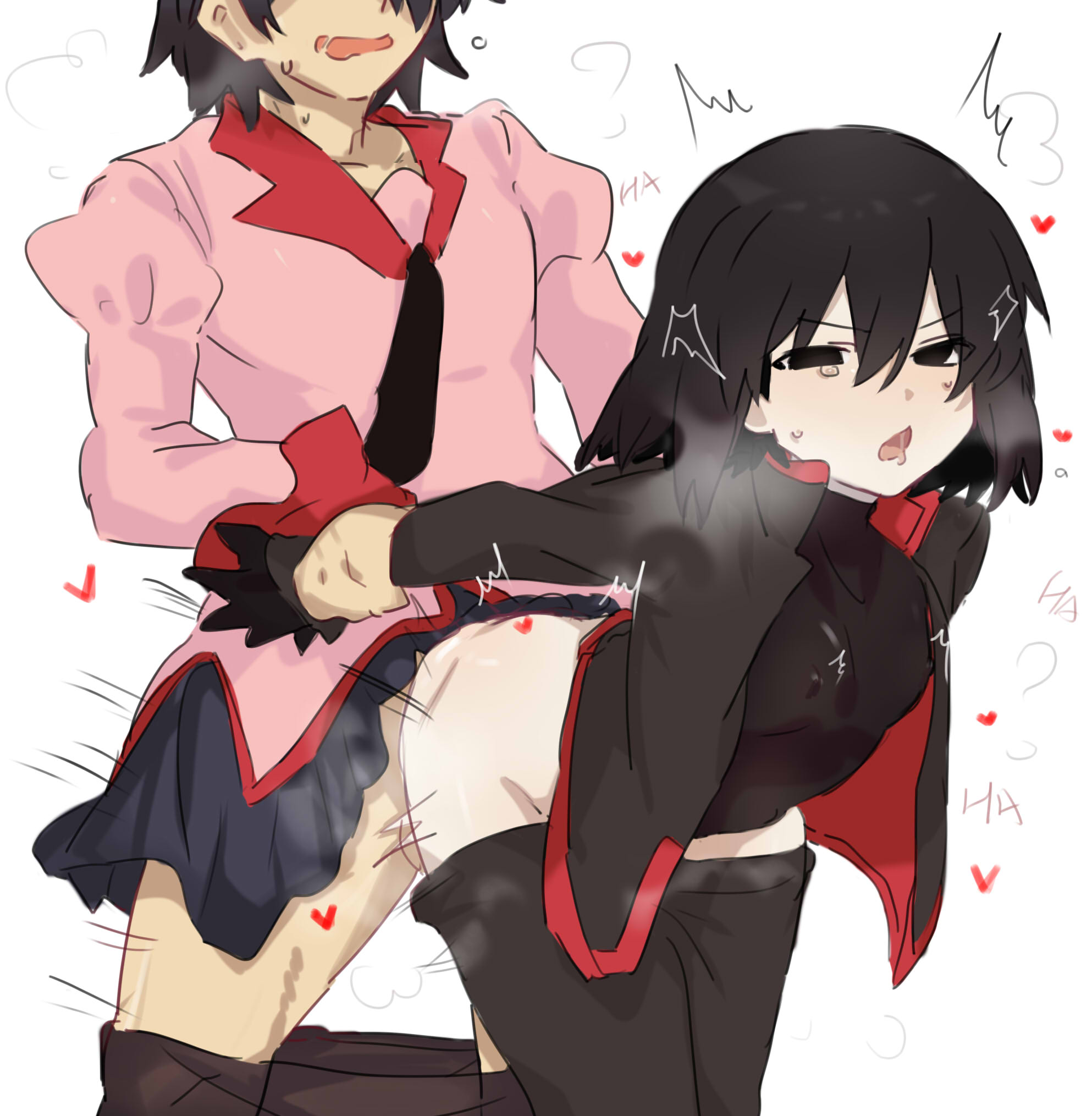 tsugumi (tgm 615486), araragi koyomi, oshino ougi, monogatari (series), highres, 1boy, 1girl, arm held back, black eyes, black gloves, black hair, black jacket, black necktie, black pants, black shirt, blush, clothed sex, clothes pull, cosplay, costume switch, covered erect nipples, crossdressing, crossdressing (ftm), crossdressing (mtf), flat chest, gakuran, gloves, grabbing another's arm, hair between eyes, hetero, jacket, juliet sleeves, long sleeves, loving aura, motion lines, naoetsu high school uniform, necktie, open clothes, open jacket, open mouth, pale skin, pants, pants pull, pantyhose, pantyhose pull, pink shirt, pleated skirt, puffy sleeves, saliva, school uniform, sex, sex from behind, shirt, short hair, simple background, skirt, standing, standing sex, sweat, testicles, torogao, turtleneck, twitching, white background