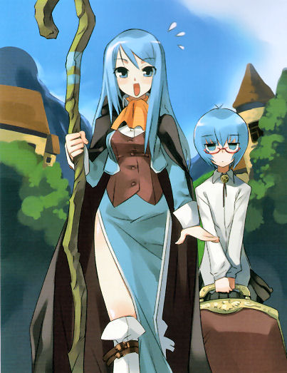 usatsuka eiji, sylpheed, tabitha (zero no tsukaima), zero no tsukaima, non-web source, 00s, blue eyes, blue hair, glasses, long hair, role reversal, short hair, siblings, sisters, staff