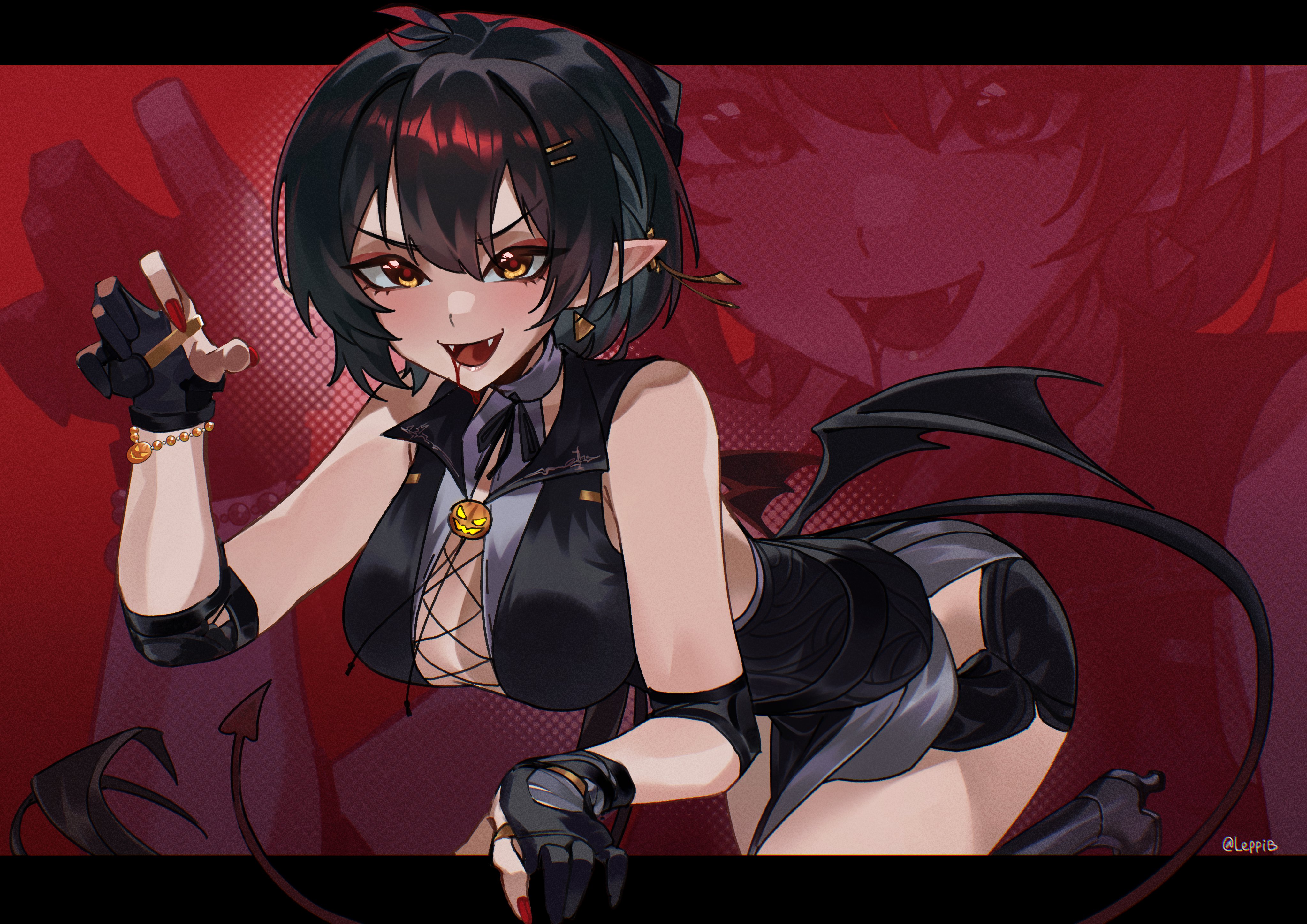 leppib, female rover (wuthering waves), rover (wuthering waves), wuthering waves, absurdres, commentary, highres, symbol-only commentary, 1girl, adapted costume, artist name, bare shoulders, black dress, black gloves, black hair, black shorts, breasts, claw pose, cross-laced clothes, cross-laced dress, demon tail, dress, earrings, elbow pads, gloves, jewelry, large breasts, letterboxed, long hair, looking at viewer, low wings, official alternate costume, open mouth, partially fingerless gloves, pointy ears, short shorts, shorts, sleeveless, sleeveless dress, smile, solo, tail, triangle earrings, v-shaped eyebrows, very long hair, wings, yellow eyes, zoom layer