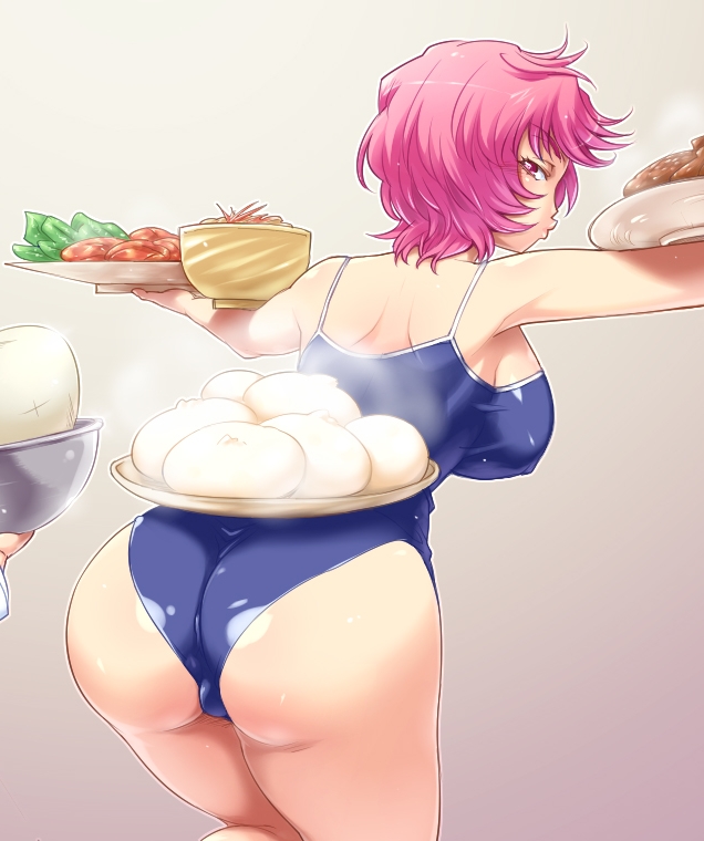 hairu, tetsunabe no jan, 1girl, ass, back, bent over, blue one-piece swimsuit, breasts, carrying, female focus, food, from behind, large breasts, leaning forward, looking back, one-piece swimsuit, pink hair, school swimsuit, short hair, solo, swimsuit, waitress