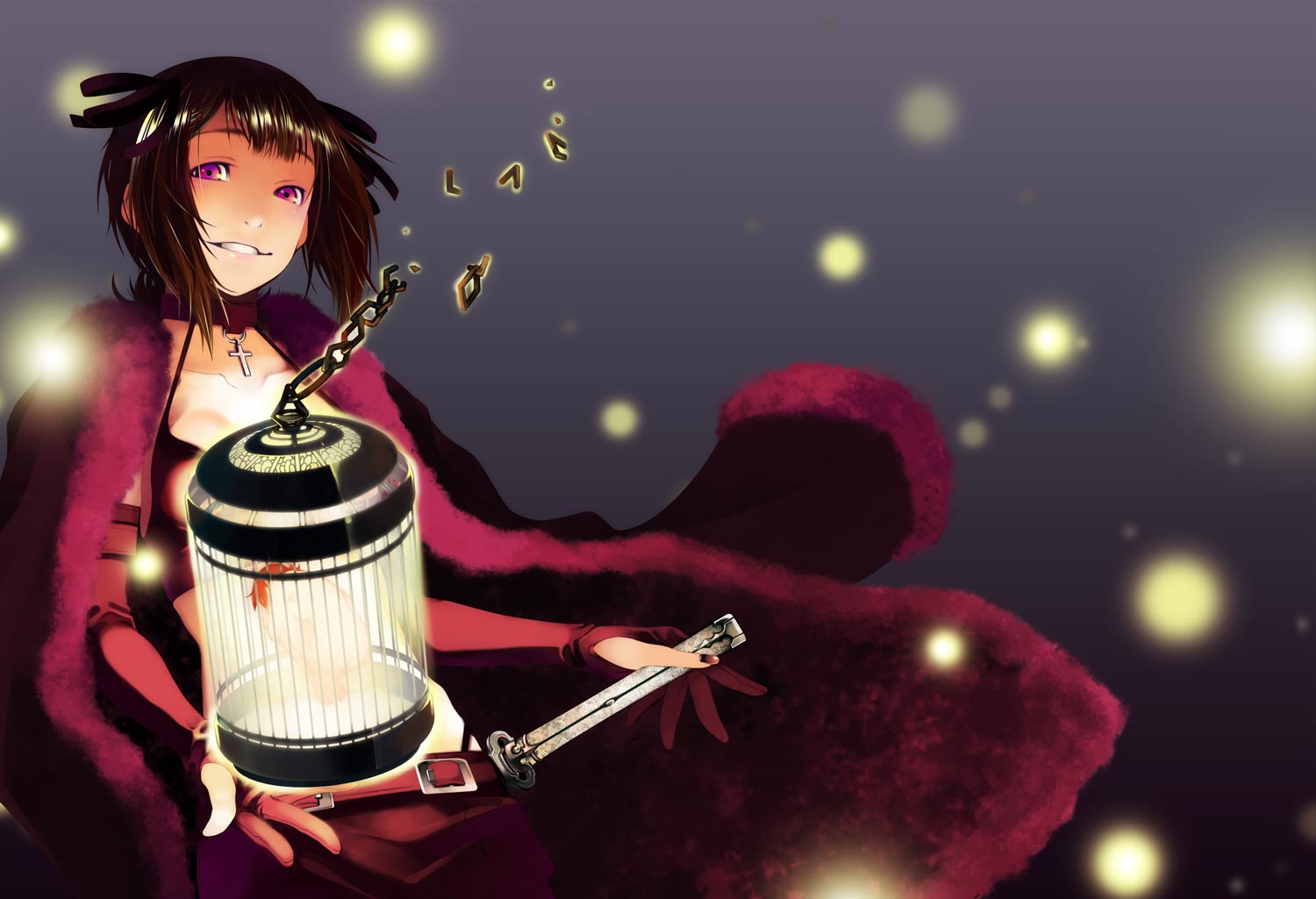 shiomiya iruka, amami haruka, idolmaster, idolmaster (classic), idolmaster 1, 00s, birdcage, brown hair, cage, choker, cross, elbow gloves, gloves, hair ribbon, purple eyes, ribbon, short hair, solo, sword, weapon