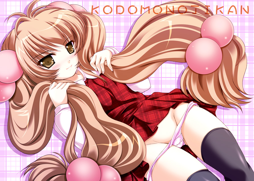 akino shin, kokonoe rin, kodomo no jikan, 00s, 1girl, brown eyes, brown hair, female focus, hair bobbles, hair ornament, loli, long hair, panties, panty pull, solo, sphere hair ornament, thighhighs, twintails, underwear