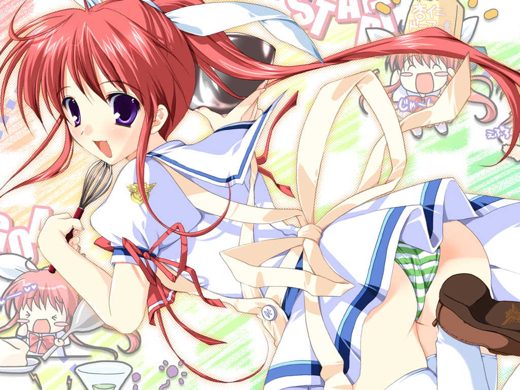 amagasaki mikoto, tsuki wa higashi ni hi wa nishi ni, non-web source, 00s, apron, ass, bowl, brown shoes, panties, pantyshot, ponytail, purple eyes, red hair, school uniform, serafuku, shoes, solo, striped clothes, striped panties, thighhighs, underwear