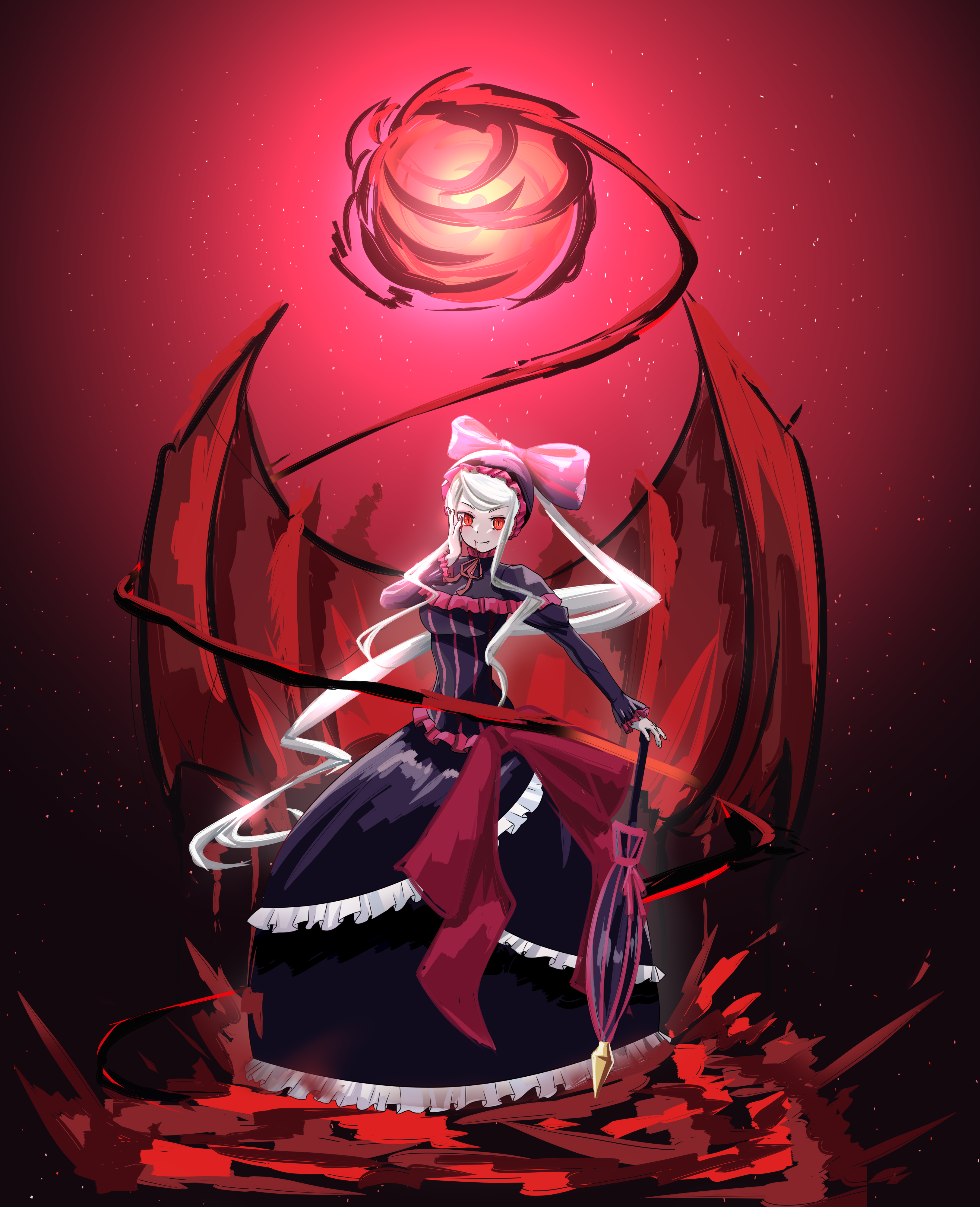hile lawrence, shalltear bloodfallen, overlord (maruyama), absurdres, highres, black bow, black dress, blood, blood drip, bonnet, bow, breasts, capelet, closed mouth, dress, frilled dress, frills, gothic lolita, hair bow, hand on own face, hemokinesis, horizontal-striped bow, lolita fashion, long hair, long sleeves, looking at viewer, medium breasts, night, pale skin, parasol, ponytail, purple dress, red eyes, red trim, simple background, slit pupils, smile, swept bangs, umbrella, undead, vampire, very long hair, white hair
