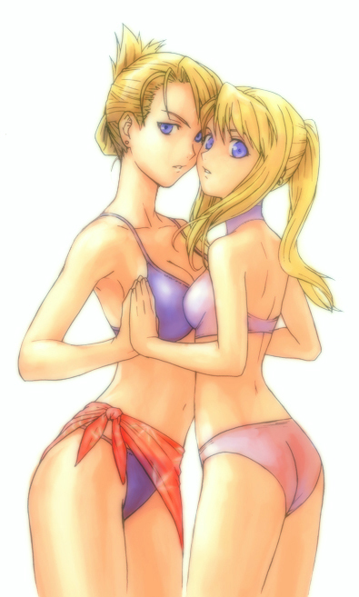 jayun, riza hawkeye, winry rockbell, fullmetal alchemist, 00s, 2girls, ass, asymmetrical docking, bikini, blonde hair, blue eyes, breast press, breasts, female focus, folded ponytail, multiple girls, ponytail, sarong, simple background, swimsuit, white background, yuri