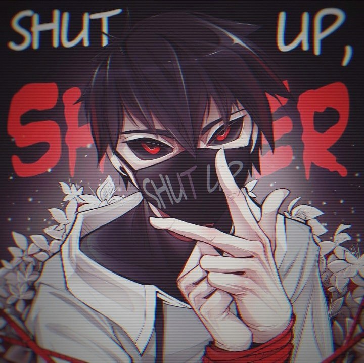 i cho (okdrsutsu), original, 1boy, black hair, black sclera, bound, bound wrists, colored sclera, earrings, english text, flower, hair between eyes, hands up, jacket, jewelry, male focus, mask, mouth mask, red eyes, rope, solo, upper body, white flower, white jacket