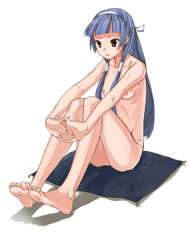 ei (pixiv), yada ei, nagi, kannagi, 00s, 1girl, barefoot, blue hair, blunt bangs, breasts, feet, feet together, female focus, flat chest, hair tubes, long hair, nipples, nude, purple eyes, ribs, sitting, skinny, small breasts, soles, solo, toes
