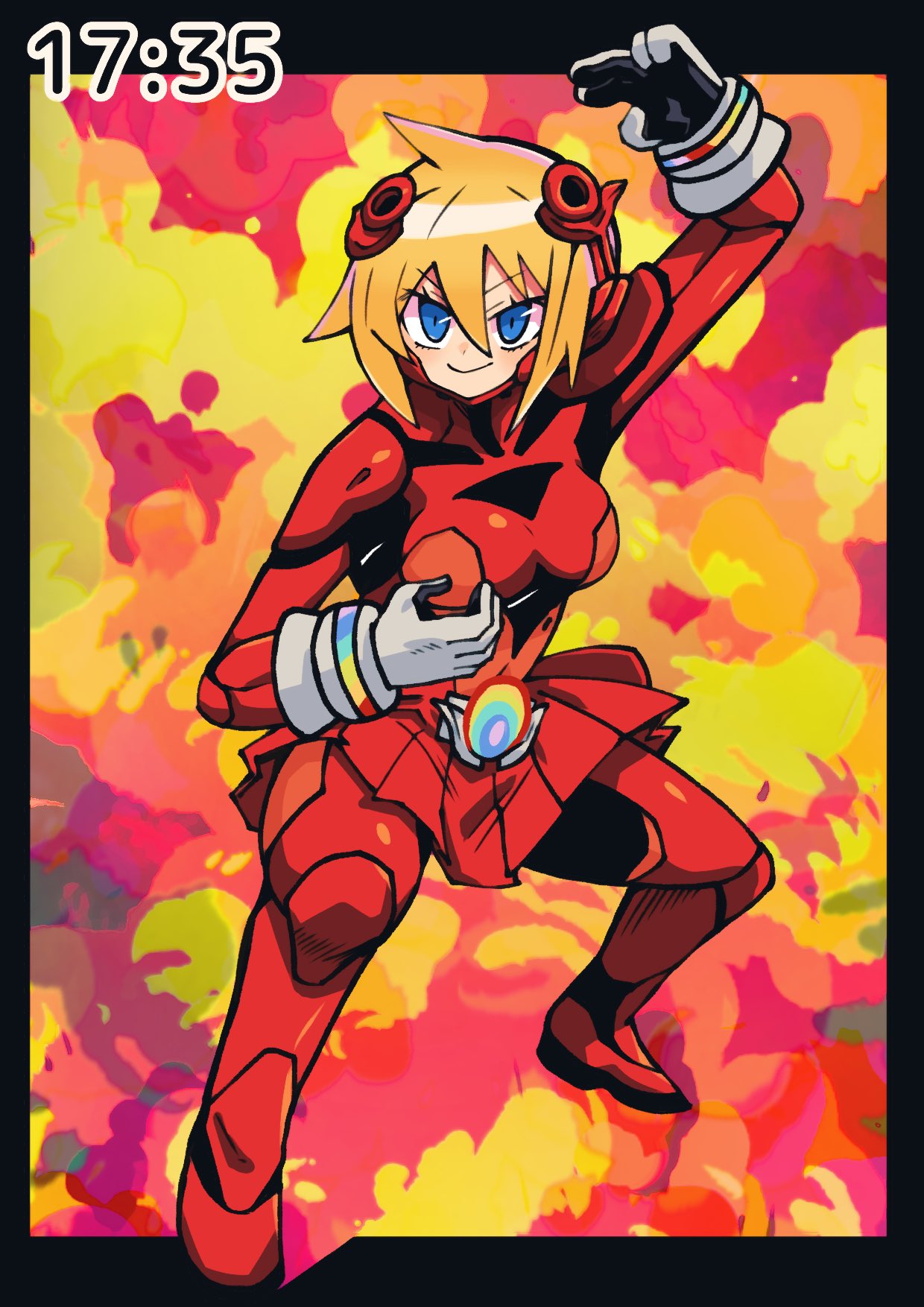 batchgooya, nijino piyori, disgaea, makai senki disgaea 6, highres, 1girl, blue eyes, bodysuit, breasts, explosion, gloves, grey gloves, hair between eyes, orange hair, outside border, rainbow, red bodysuit, red skirt, short hair, skirt, smile, timestamp, tokusatsu