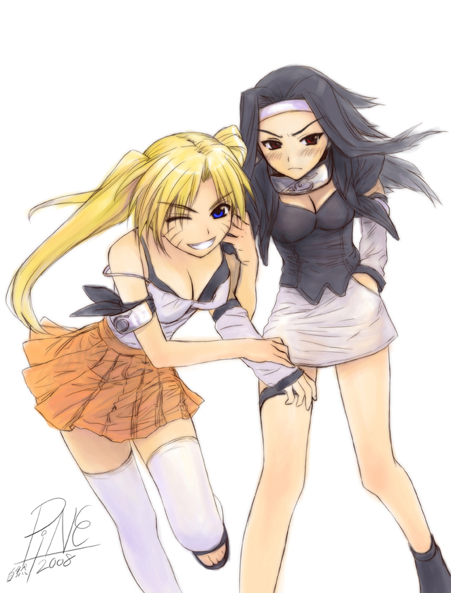 jayun, naruko (naruto), uchiha sasuke, uzumaki naruto, naruto (classic), naruto (series), white legwear, 2girls, arm hug, arm ribbon, arm warmers, armband, black bra, black hair, blonde hair, blue eyes, blush, bra, breasts, casual, cleavage, closed mouth, dated, detached sleeves, embarrassed, facial mark, facing viewer, floating hair, forehead protector, full body, genderswap, genderswap (mtf), grin, hand in pocket, happy, headband, konohagakure symbol, large breasts, leaning forward, leg up, long hair, looking at viewer, medium breasts, miniskirt, multiple girls, ninja, one eye closed, orange skirt, parted lips, pleated skirt, pulling, red eyes, ribbon, running, sandals, sexy no jutsu, shirt, short sleeves, simple background, skirt, smile, standing, strap slip, tank top, teeth, thighhighs, twintails, underwear, walking, whisker markings, whiskers, white background, white headband, wink, zettai ryouiki