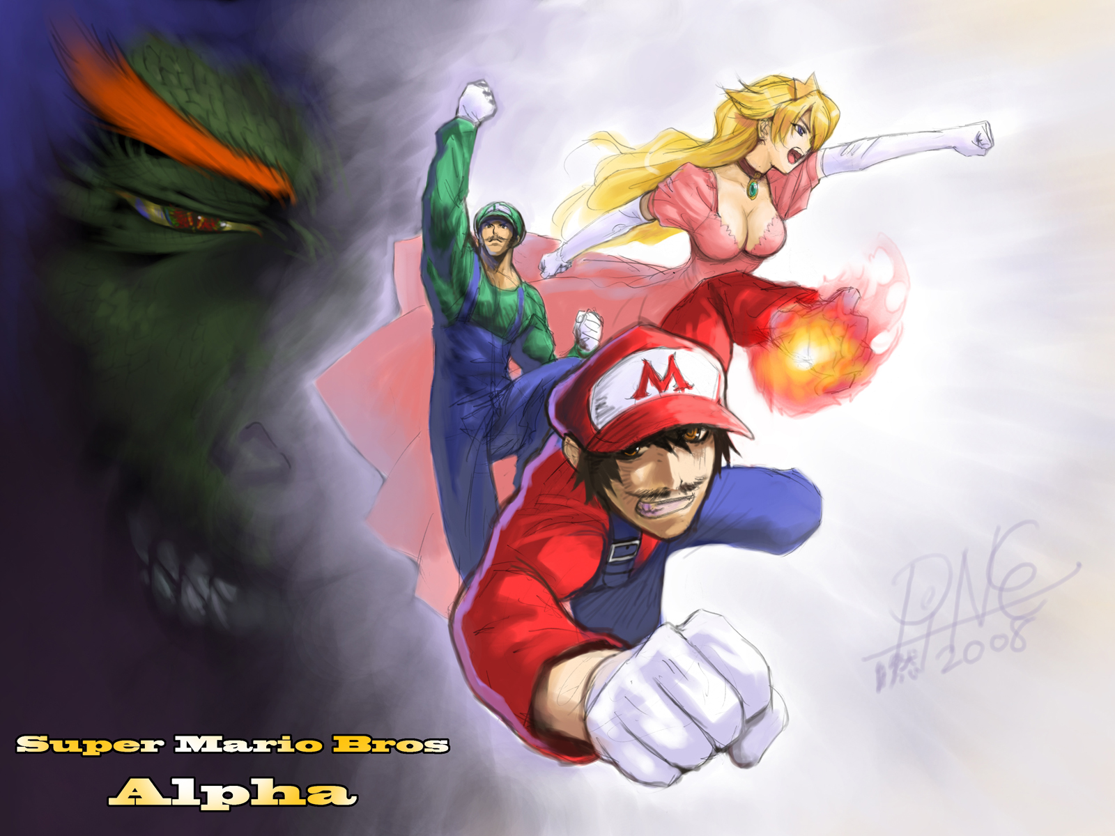 jayun, bowser, luigi, mario, princess peach, capcom, mario (series), nintendo, street fighter, street fighter zero (series), highres, 1girl, 2boys, abs, action, breasts, cleavage, food, fruit, medium breasts, multiple boys, muscular, parody, punching, shouryuuken, uppercut