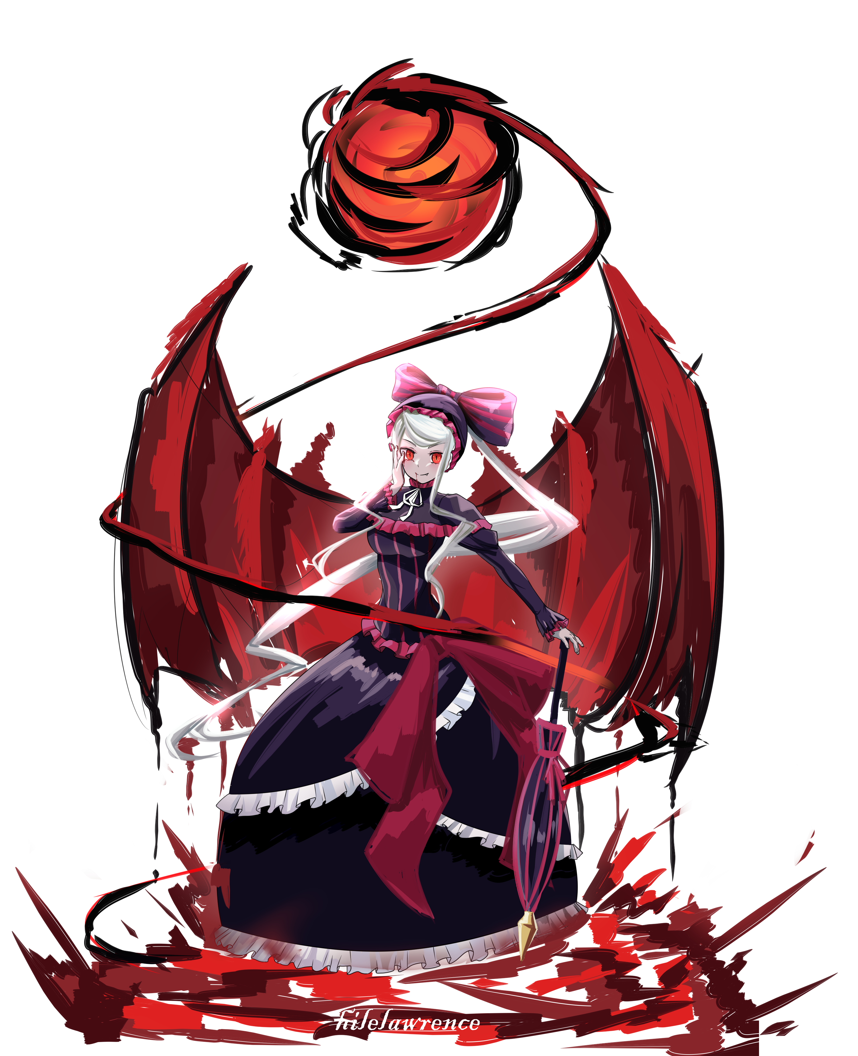 hile lawrence, shalltear bloodfallen, overlord (maruyama), absurdres, highres, black bow, black dress, blood, blood drip, bonnet, bow, breasts, capelet, closed mouth, dress, frilled dress, frills, gothic lolita, hair bow, hand on own face, hemokinesis, horizontal-striped bow, lolita fashion, long hair, long sleeves, looking at viewer, medium breasts, pale skin, parasol, ponytail, purple dress, red eyes, red trim, simple background, slit pupils, smile, swept bangs, umbrella, undead, vampire, very long hair, white background, white hair