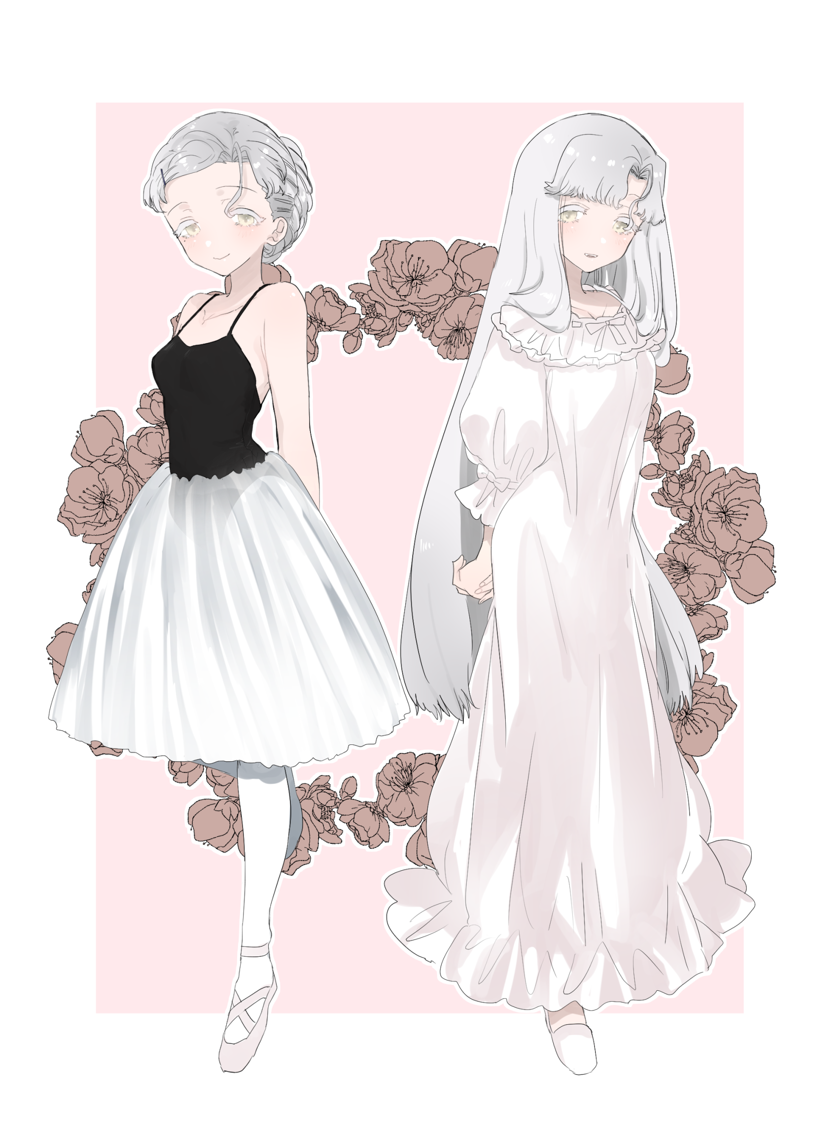eurasia (wtp09ptw14), original, commentary request, highres, 2girls, arms behind back, bare shoulders, black dress, border, breasts, closed mouth, dress, flower, full body, grey hair, long hair, long sleeves, looking at viewer, multiple girls, outside border, pantyhose, parted bangs, pink background, pink shoes, shoes, short hair, skirt, sleeveless, sleeveless dress, small breasts, smile, very long hair, white border, white dress, white pantyhose, white skirt, yellow eyes, zoenuria (eurasia)