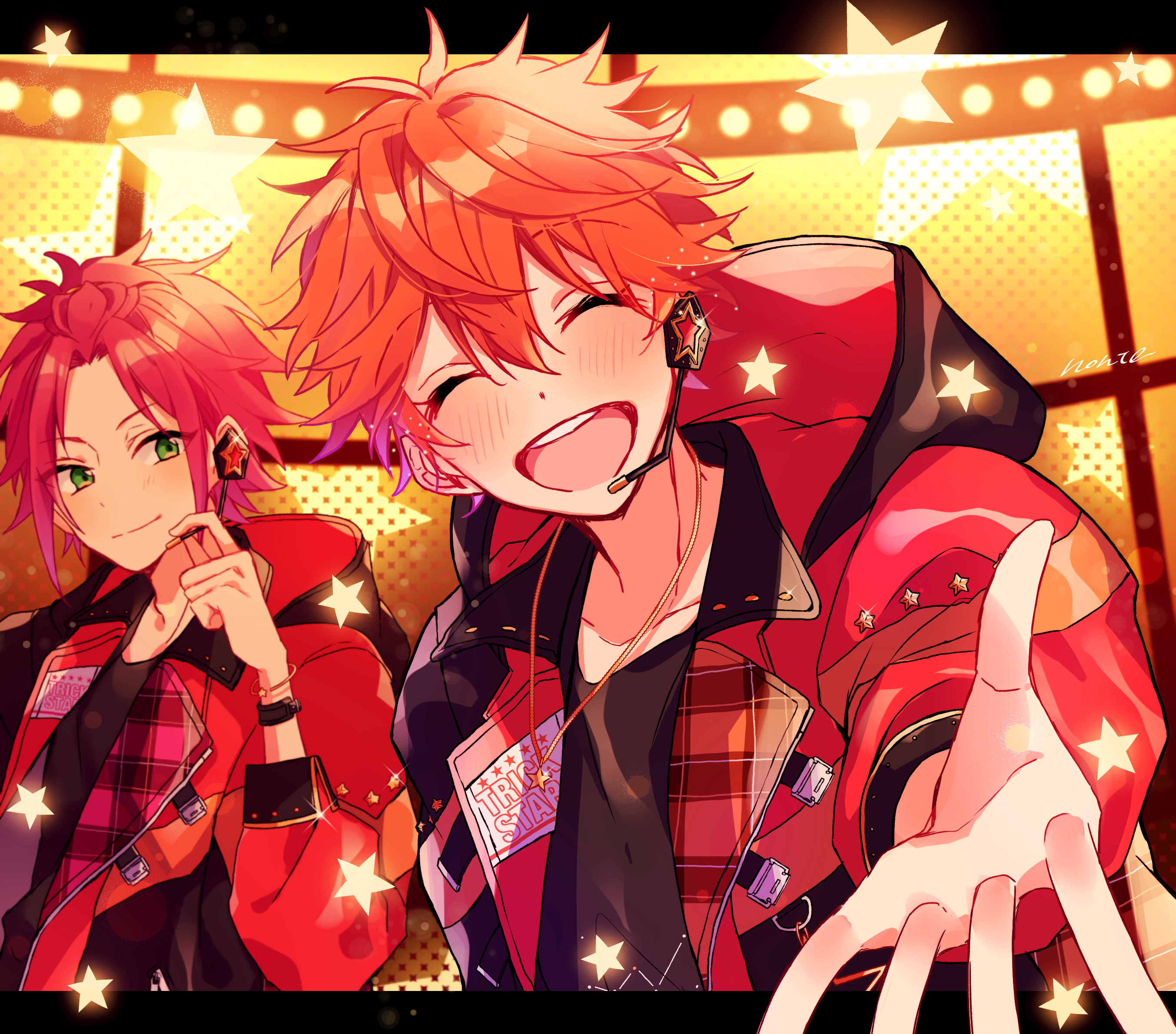 zu tonatuyasumi, akehoshi subaru, isara mao, ensemble stars!, highres, 2boys, bangs pinned back, black border, blush, border, closed eyes, closed mouth, green eyes, hair between eyes, hood, hooded jacket, index finger raised, jacket, light particles, long sleeves, looking at viewer, male focus, microphone, multiple boys, official alternate costume, open clothes, open jacket, open mouth, orange hair, outstretched arm, red hair, red jacket, short hair, smile, star (symbol), teeth, upper teeth only