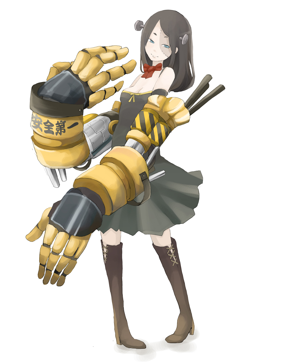 tansuke, original, highres, 1girl, bare shoulders, blue eyes, boots, brown hair, dress, female focus, golem, long hair, mecha musume, mechanical arms, monster girl, object through head, patch, screw in head, single mechanical arm, smile, solo, stitched face, stitches, thighhighs, white background