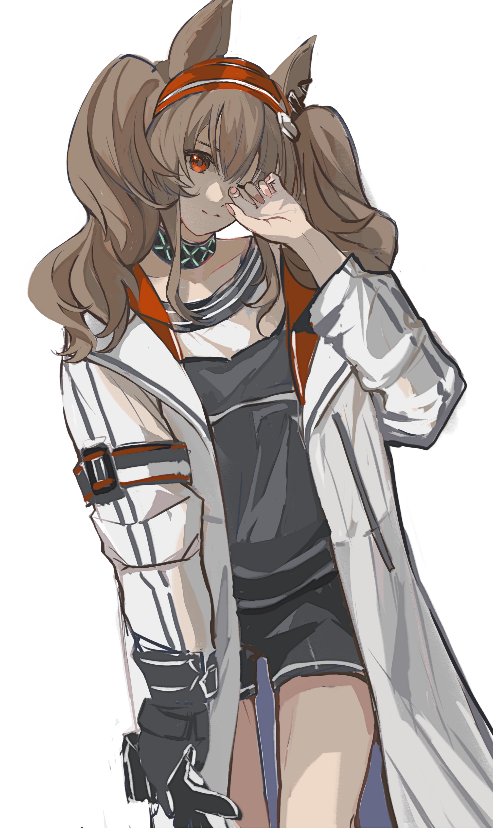 angelina (arknights), infection monitor (arknights), arknights, absurdres, chinese commentary, commentary request, highres, procreate (medium), 1girl, animal ears, black collar, black gloves, black shirt, black shorts, brown hair, coat, collar, collarbone, cowboy shot, dot nose, earpiece, fox ears, fox girl, gloves, hair between eyes, hairband, hand up, holding, holding gloves, holding unworn clothes, jacket, kakayaku, long hair, long sleeves, looking at viewer, no tail, one eye closed, open clothes, open coat, open jacket, pink nails, red eyes, red hairband, red jacket, rubbing eyes, shirt, short shorts, shorts, simple background, single glove, solo, striped clothes, striped hairband, twintails, two-tone hairband, unworn gloves, white background, white coat