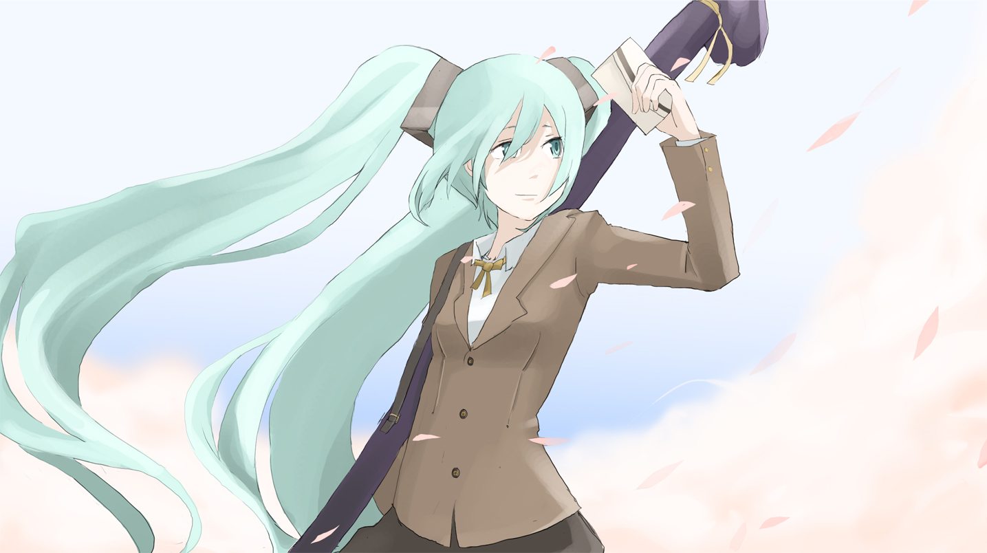 tansuke, hatsune miku, vocaloid, blue eyes, blue hair, cherry blossoms, letter, long hair, solo, twintails, wind
