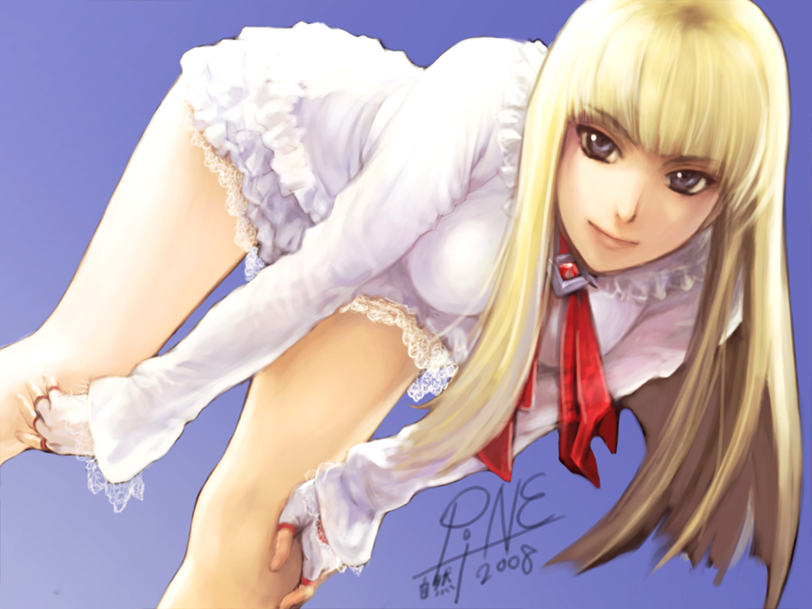 jayun, emilie de rochefort, namco, tekken, tekken 5 (dark resurrection), 1girl, bent over, blonde hair, dress, female focus, fingerless gloves, gloves, skirt, solo, white dress, white skirt