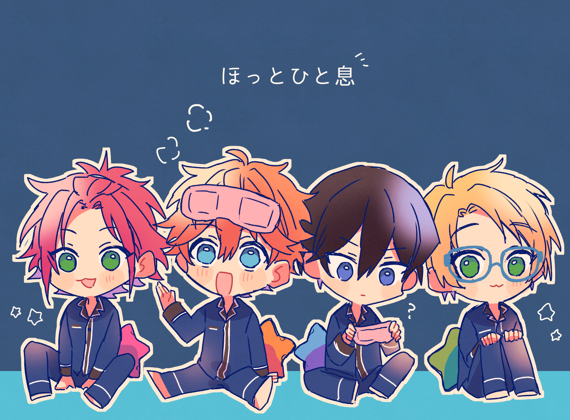 zu tonatuyasumi, akehoshi subaru, hidaka hokuto, isara mao, yuuki makoto (ensemble stars!), ensemble stars!, highres, 4boys, ?, arm up, arms between legs, bangs pinned back, black hair, blonde hair, blue-framed eyewear, blue background, blue eyes, blue pajamas, chibi, chibi only, closed mouth, eye mask, full body, green eyes, hair between eyes, hand on own knee, holding, holding mask, looking at viewer, male focus, mask, multiple boys, open mouth, orange hair, pajamas, parted bangs, red hair, short hair, sitting, smile, star (symbol), trickstar (ensemble stars!)