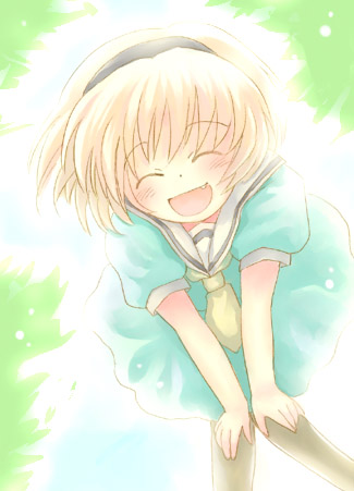 houjou satoko, higurashi no naku koro ni, lowres, 00s, blonde hair, dress, pantyhose, sailor dress, smile, solo, thighhighs