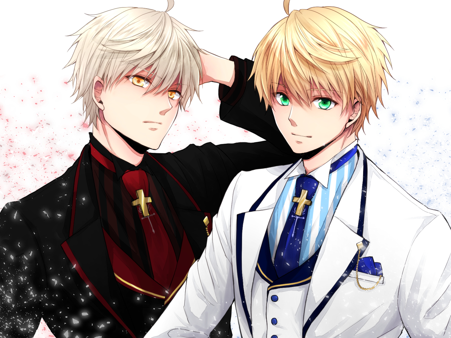 candeur, arthur pendragon (fate), arthur pendragon (white rose) (fate), arthur pendragon alter (fate), fate/grand order, fate (series), 2boys, ahoge, black jacket, black shirt, black vest, blonde hair, blue necktie, breast pocket, buttons, chain, closed mouth, collared shirt, cross, dual persona, formal clothes, gold chain, green eyes, grey hair, hair between eyes, hand on own head, hand up, handkerchief, jacket, lapels, long sleeves, looking at viewer, male focus, multiple boys, necktie, open clothes, open jacket, petals, pocket, red necktie, shirt, short hair, simple background, smile, striped clothes, striped shirt, suit, suit jacket, upper body, vest, white background, white jacket, white shirt, white vest, yellow eyes