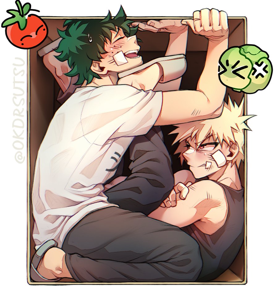 i cho (okdrsutsu), bakugou katsuki, midoriya izuku, boku no hero academia, 2boys, anger vein, bandaid, bandaid on face, bare shoulders, black shirt, blonde hair, blush, bruise, freckles, green hair, injury, male focus, multiple boys, open mouth, pants, red eyes, shirt, short hair, short sleeves, smile, spiked hair, teeth, white background, white shirt