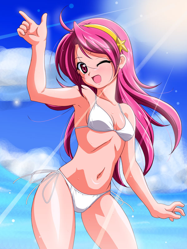 inferno (nanbu14), asamiya athena, snk, the king of fighters, 1girl, bikini, day, female focus, hair ornament, hairband, long hair, one eye closed, pink hair, red eyes, sky, solo, star (symbol), star hair ornament, sun, swimsuit, white bikini, wink