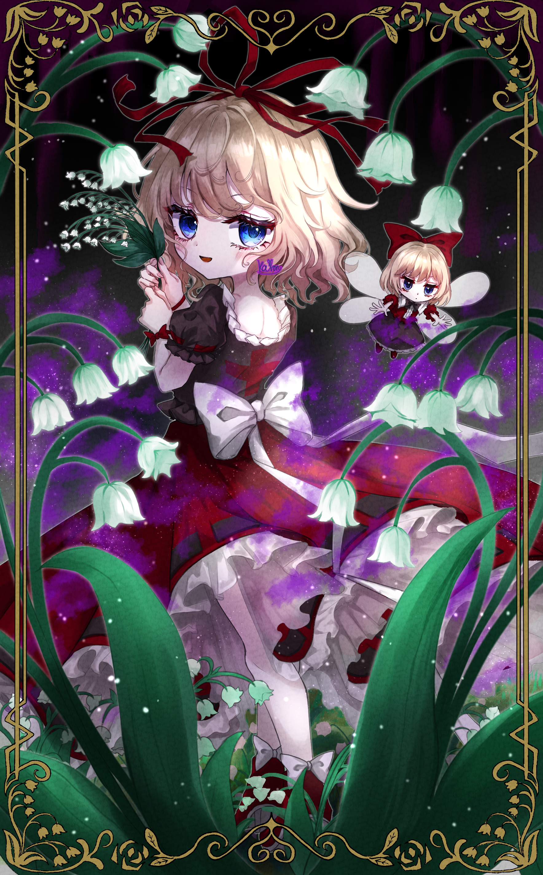 kayon (touzoku), medicine melancholy, su-san, touhou, absurdres, commentary request, highres, 2girls, black shirt, blonde hair, blue eyes, blush, border, bow, fingernails, flower, frilled skirt, frills, hair ribbon, holding, holding flower, lily of the valley, looking at viewer, looking back, multiple girls, open mouth, ornate border, poison, puffy short sleeves, puffy sleeves, red ribbon, red shoes, red skirt, ribbon, shirt, shoes, short hair, short sleeves, skirt, smile, white bow, white flower, wings