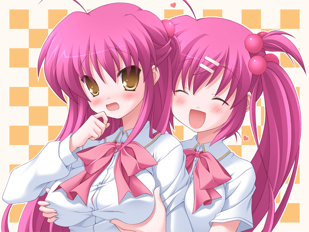 hisane, futaki kanata, saigusa haruka, little busters!, 2girls, :d, ^ ^, blush, bow, breasts, closed eyes, grabbing another's breast, groping, hair ornament, hairclip, half updo, long hair, multiple girls, open mouth, pink bow, purple hair, school uniform, serafuku, siblings, side ponytail, sisters, smile, sweat, yuri