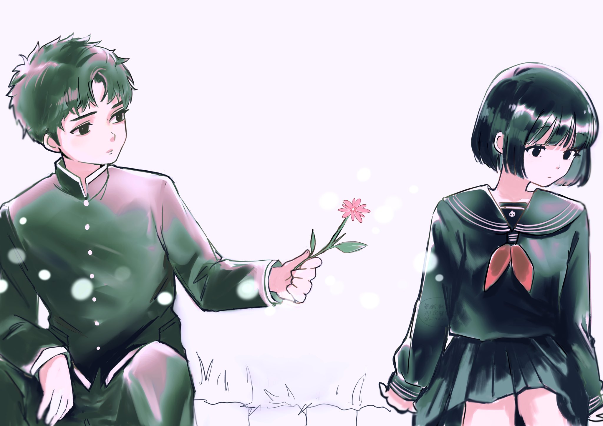hoshirindo, iwai shu, shimizu hinako, silent hill (series), silent hill f, highres, 1boy, 1girl, black hair, black jacket, black pants, black sailor collar, black serafuku, black shirt, black skirt, bob cut, flower, gakuran, holding, holding flower, jacket, looking at another, neckerchief, pants, parted bangs, pink flower, pleated skirt, red neckerchief, sailor collar, school uniform, serafuku, shirt, short hair, sitting, skirt, white background