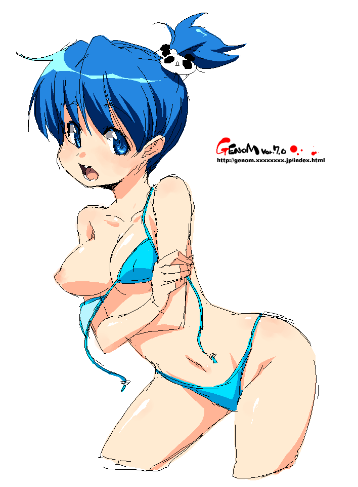 onija tarou, original, 1girl, bikini, blue bikini, blue eyes, blue hair, breasts, female focus, matching hair/eyes, medium breasts, nipples, oekaki, ponytail, solo, swimsuit, wardrobe malfunction