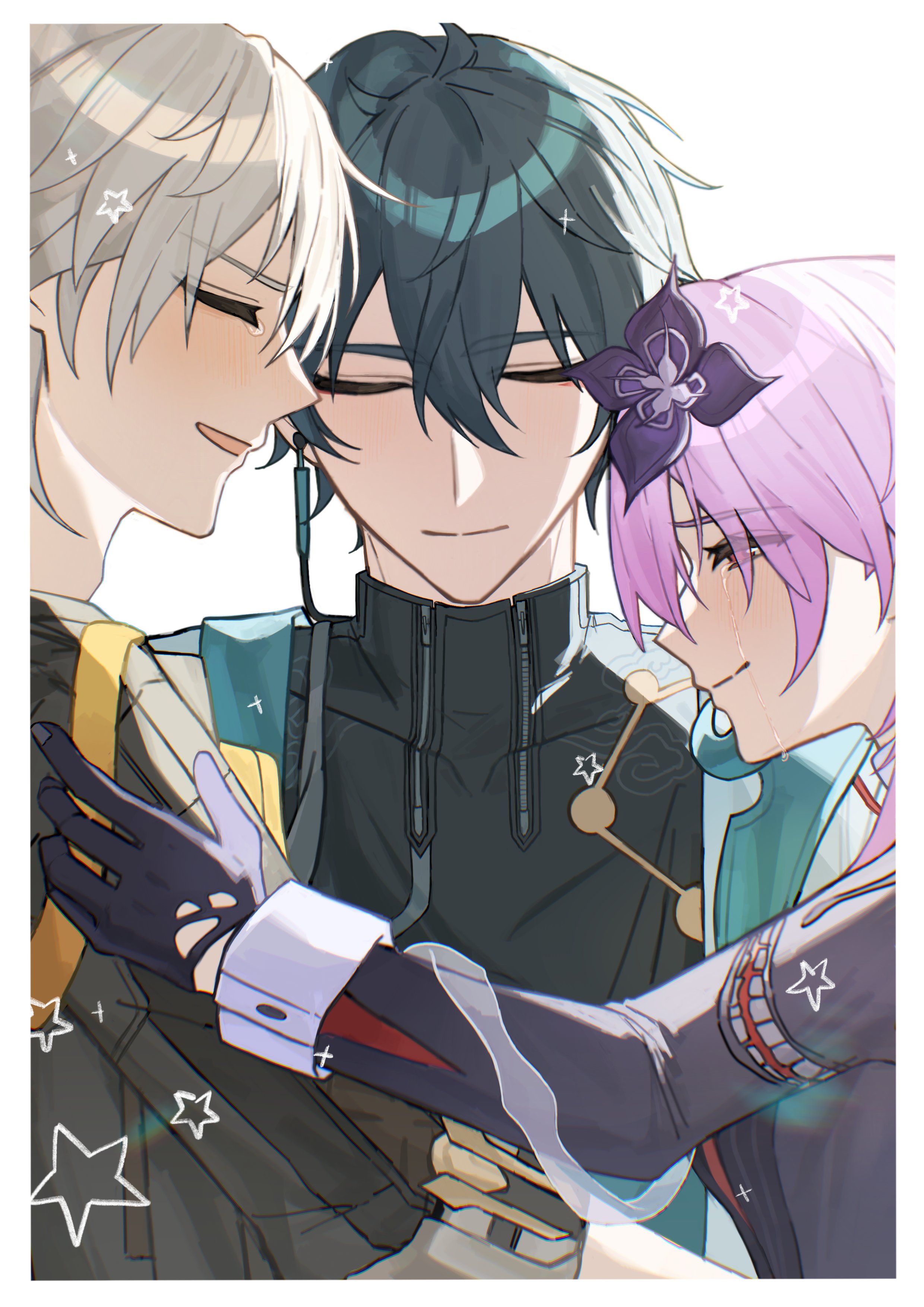 caelus (honkai: star rail), dan heng (honkai: star rail), dan heng (hunt) (honkai: star rail), evernight (honkai: star rail), march 7th (honkai: star rail), trailblazer (honkai: star rail), honkai: star rail, honkai (series), absurdres, highres, 1girl, 2boys, armor, backlighting, black coat, black dress, black gloves, black hair, black shirt, border, chinese clothes, closed eyes, closed mouth, cloud print, coat, constellation print, covered collarbone, crying, crying with eyes open, dress, earclip, earrings, empty eyes, erass1121, eyeliner, flower, gloves, grey hair, hair between eyes, hair flower, hair ornament, half-closed eyes, hand up, jewelry, lapels, long sleeves, looking at another, makeup, multiple boys, official alternate costume, open clothes, open coat, open mouth, pink hair, purple flower, red eyeliner, red eyes, shirt, short hair, shoulder armor, sidelocks, simple background, single earring, smile, sparkle, star (symbol), tearing up, tears, upper body, white background, white border, white coat, zipper