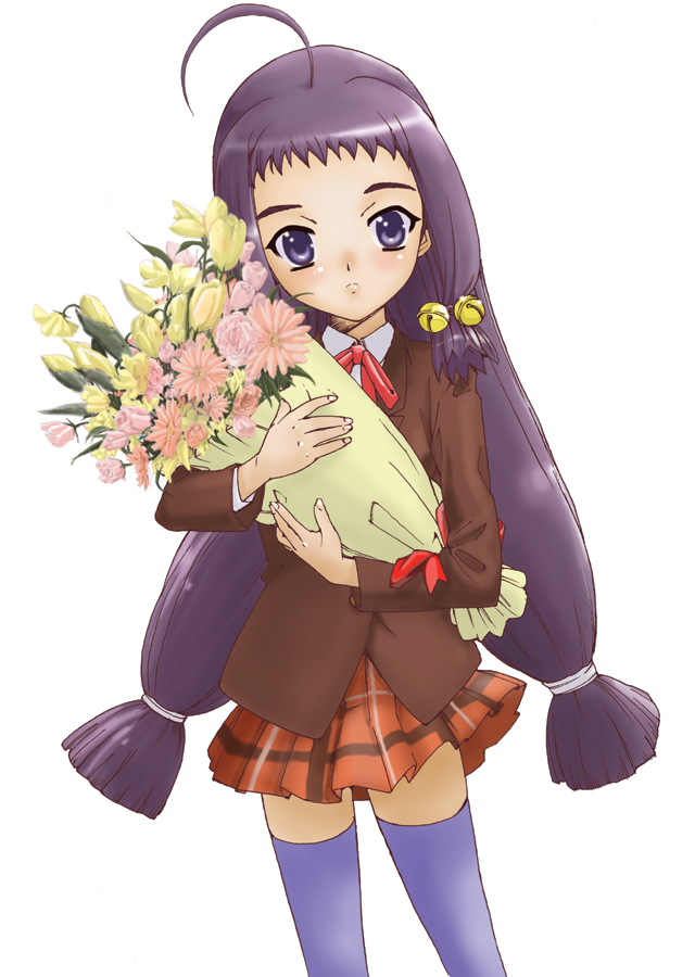 ayase yue, mahou sensei negima!, 00s, ahoge, bell, bouquet, flower, long hair, plaid clothes, plaid skirt, purple hair, school uniform, serafuku, skirt, solo, thighhighs