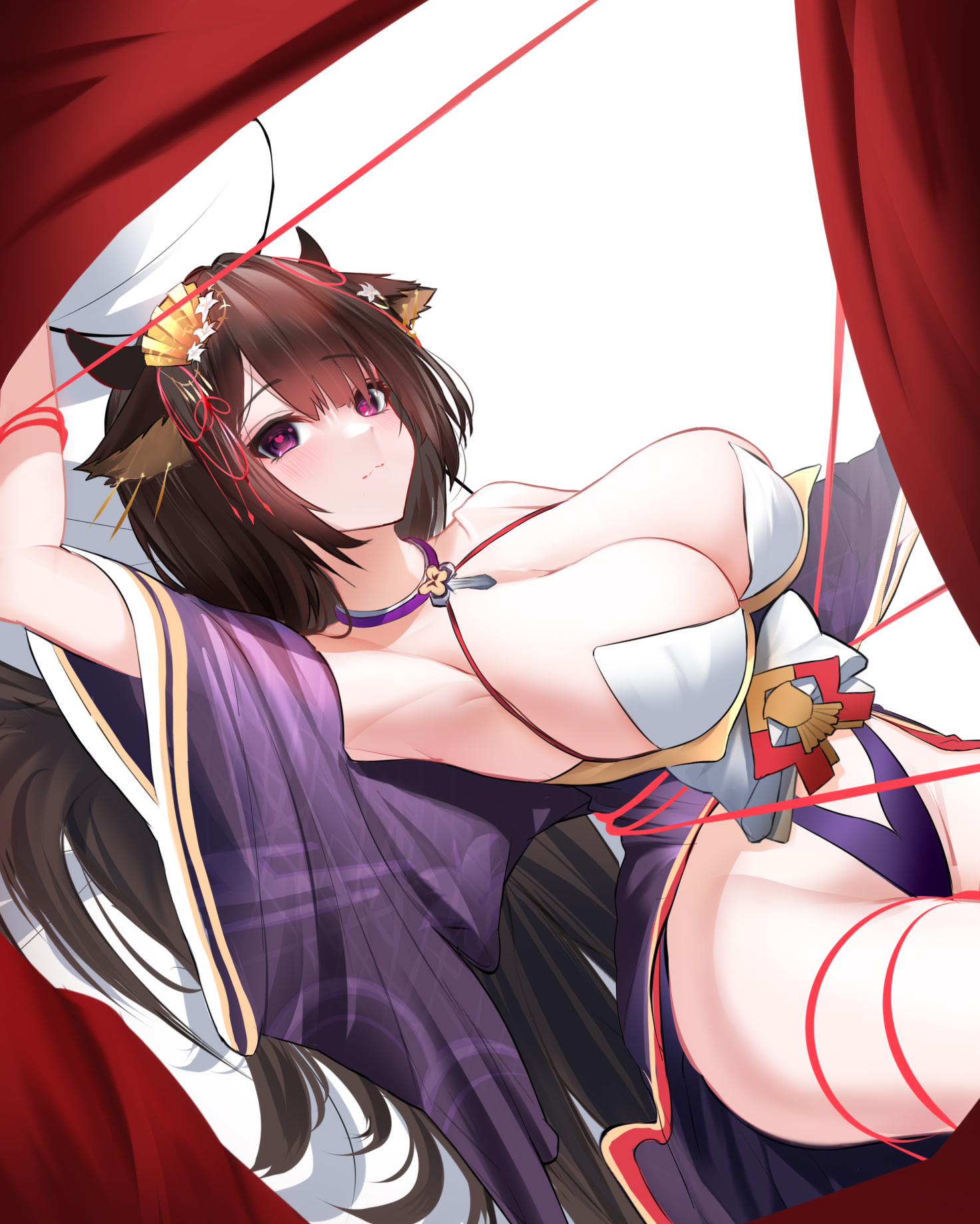 thunder-35, kashino (azur lane), kashino (robust floral strings) (azur lane), azur lane, chinese commentary, commentary request, highres, 1girl, animal ears, arm up, bare shoulders, breasts, brown hair, cleavage, cow ears, cow girl, cow horns, dutch angle, fan hair ornament, heart, heart-shaped pupils, horns, huge breasts, japanese clothes, kimono, long sleeves, looking at viewer, official alternate costume, purple eyes, purple kimono, solo, string, string of fate, symbol-shaped pupils, wide sleeves