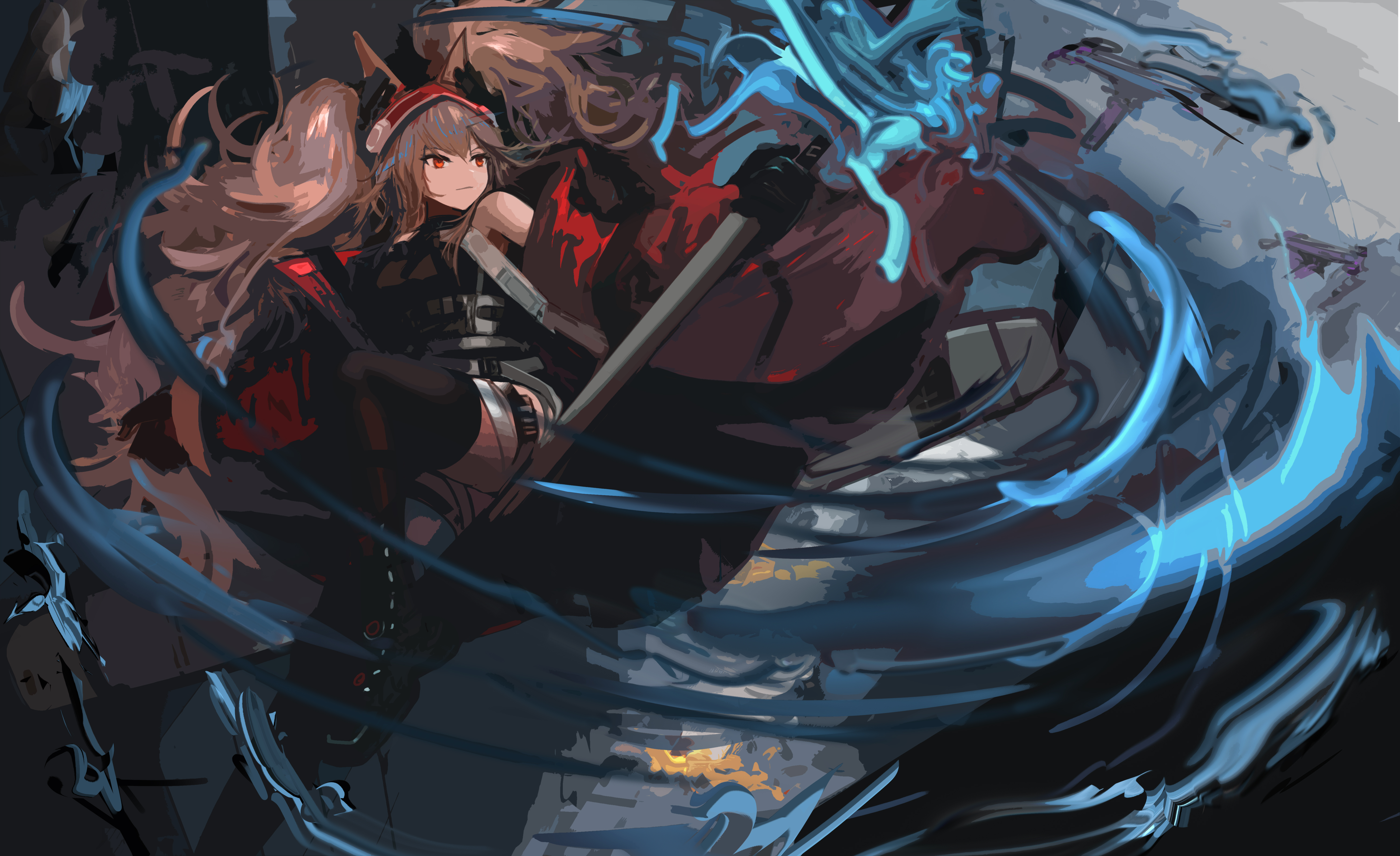 heart ash, angelina (arknights), angelina (distinguished visitor) (arknights), infection monitor (arknights), arknights, absurdres, highres, 1girl, :|, animal ears, bare shoulders, black collar, black gloves, black leotard, black thighhighs, boots, breasts, closed mouth, coat, collar, earpiece, floating clothes, floating hair, foot out of frame, fox ears, fox girl, gloves, hair spread out, hairband, holding, holding staff, knee boots, leotard, long hair, medium breasts, no tail, off shoulder, official alternate costume, open clothes, open coat, originium arts (arknights), red coat, red eyes, red hairband, solo, staff, striped clothes, striped hairband, thigh strap, thighhighs, two-tone hairband