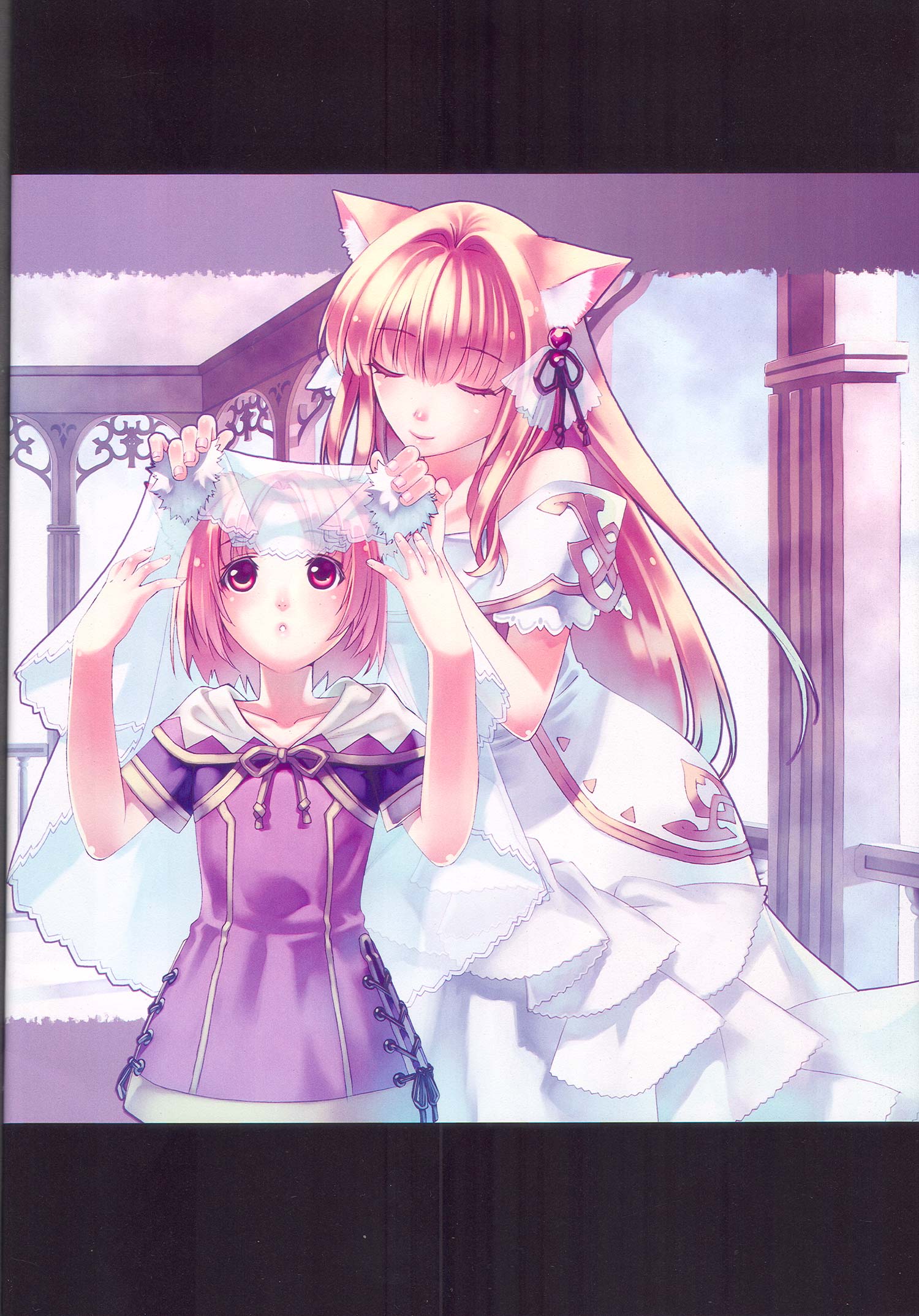 highres, 2girls, animal ears, closed eyes, dress, multiple girls, pink eyes, pink hair, wedding dress