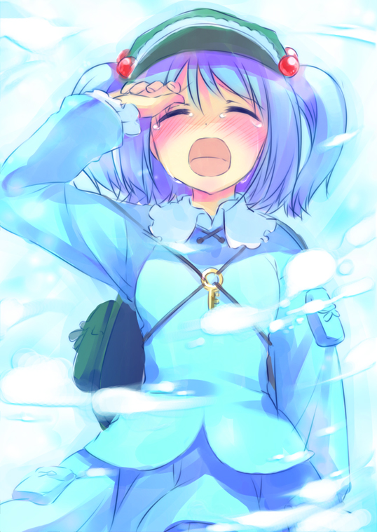 uduki (pixiv), yukine (wista), kawashiro nitori, touhou, 1girl, backpack, bag, blue hair, blush, closed eyes, crying, female focus, hair bobbles, hair ornament, hat, key, randoseru, short hair, solo, tears, twintails, two side up