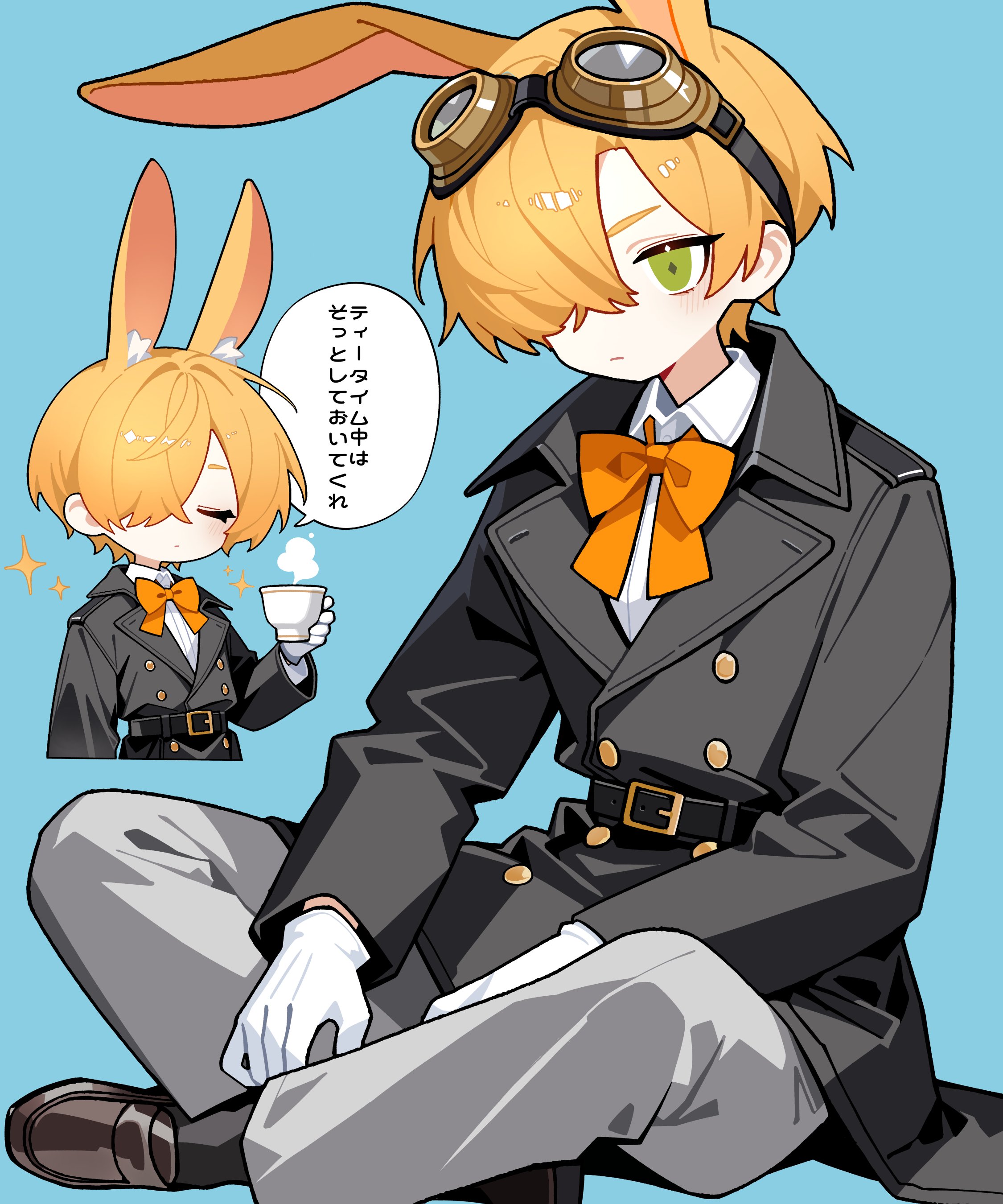 llucilab, original, absurdres, check translation, commentary, highres, translation request, 1boy, animal ears, belt, belted coat, black belt, black coat, black socks, blonde hair, blue background, bow, bowtie, brown shoes, butterfly sitting, buttons, closed eyes, coat, collared shirt, cup, diamond-shaped pupils, diamond (shape), dress shirt, expressionless, extra ears, full body, gloves, goggles, goggles on head, green eyes, grey pants, hair over one eye, hand up, holding, holding cup, light blush, loafers, long sleeves, multiple views, one eye covered, orange bow, orange bowtie, pants, parted bangs, rabbit boy, rabbit ears, shirt, shoes, short hair, simple background, sitting, socks, speech bubble, star (symbol), steam, steampunk, symbol-shaped pupils, upper body, welding goggles, white gloves, white shirt
