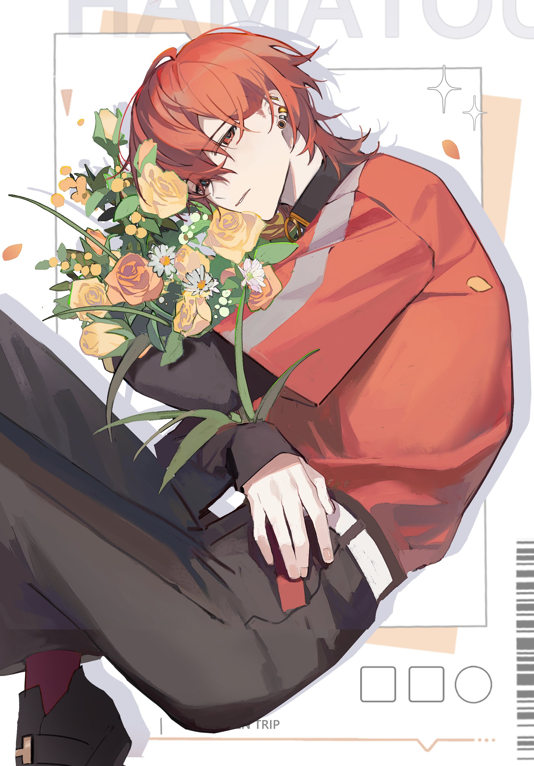 amakawa (dreamamkw), nishizono renga, 18trip, absurdres, highres, 1boy, barcode, belt, black pants, bouquet, collared shirt, ear piercing, earrings, english text, falling petals, flower, gold earrings, hair between eyes, heterochromia, holding, holding bouquet, hugging object, jacket, jewelry, layered sleeves, long sleeves, looking at viewer, lower body, lying, mullet, multiple earrings, o-ring, on side, orange hair, pants, parted lips, petals, piercing, red eyes, red hair, rose, shirt, short-sleeved jacket, short over long sleeves, short sleeves, silver earrings, sleeves past wrists, socks, sparkle, undershirt, yellow flower, yellow rose, zipper