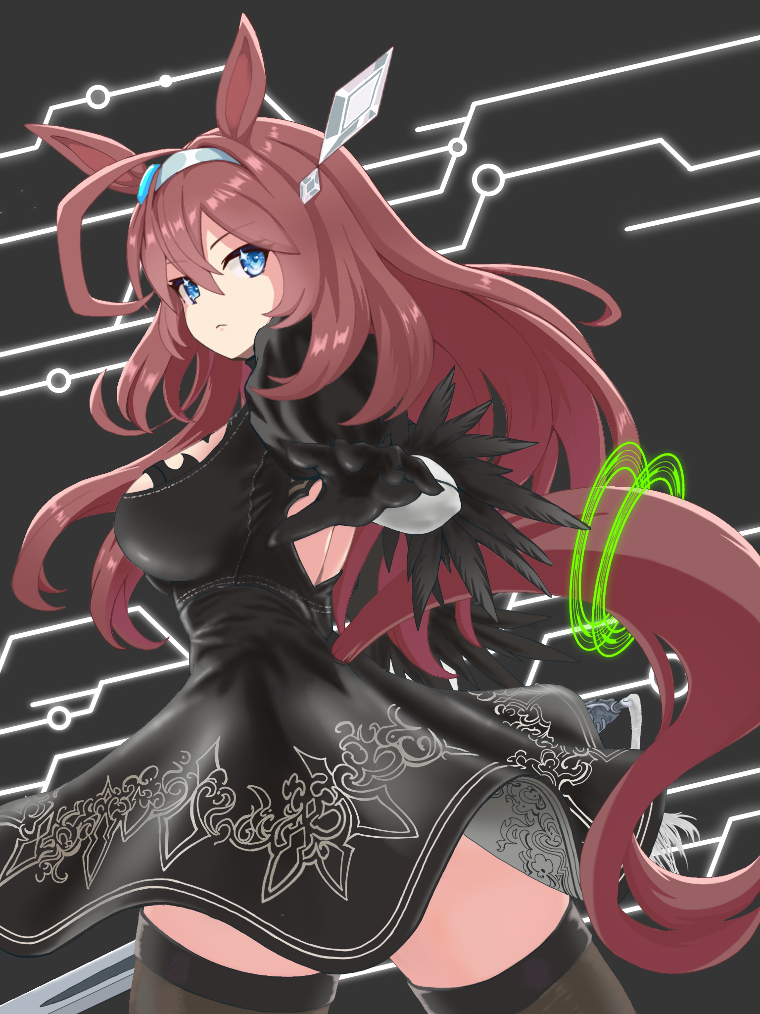 bkcnvkniwoz0f4d, 2b (nier:automata), mihono bourbon (umamusume), nier:automata, nier (series), umamusume, commentary request, highres, 1girl, 2b (nier:automata) (cosplay), ahoge, animal ears, back cutout, black background, black dress, black thighhighs, blue eyes, breasts, brown hair, cleavage cutout, clothing cutout, cosplay, dress, holding, holding sword, holding weapon, horse ears, horse girl, horse tail, juliet sleeves, large breasts, long hair, long sleeves, looking back, puffy sleeves, solo, sword, tail, thighhighs, weapon