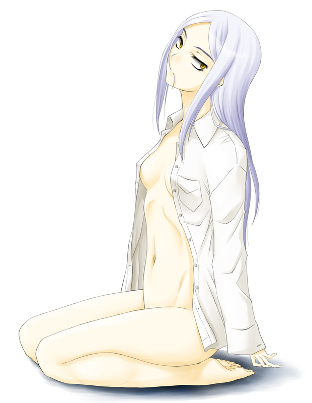 takaoka aoi, marie parfacy, soma peries, gundam, gundam 00, silver hair, bad id, bad pixiv id, 00s, barefoot, bottomless, flat chest, hair in own mouth, kneeling, long hair, navel, no bra, open clothes, open shirt, shirt, solo, yellow eyes