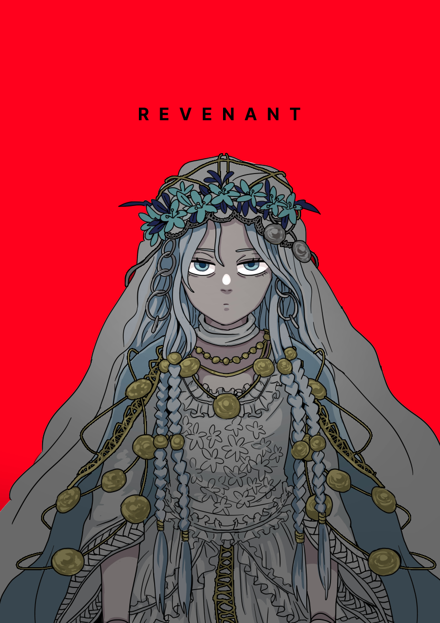 revenant (elden ring), elden ring, elden ring nightreign, highres, 1girl, blue eyes, braid, character name, dress, flower, jewelry, long hair, looking at viewer, low twin braids, mtkr888, red background, simple background, twin braids, veil, white dress, white hair, wide sleeves