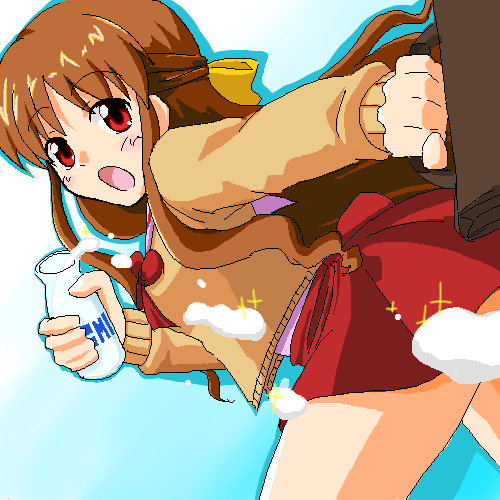 hisakabe oto, nagamori mizuka, one – kagayaku kisetsu e, lowres, 00s, 1girl, bag, brown hair, censored, convenient censoring, female focus, gradient background, long hair, milk, oekaki, red eyes, running, school uniform, serafuku, solo