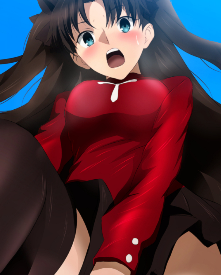 yadokari genpachirou, tohsaka rin, fate/stay night, fate (series), commentary request, 1girl, black bow, black hair, black skirt, black thighhighs, blue eyes, blue sky, blush, bow, breasts, buttons, cross, cross print, day, giant, giantess, hair bow, large breasts, long hair, long sleeves, looking at viewer, looking down, miniskirt, open mouth, outdoors, parted bangs, puffy long sleeves, puffy sleeves, red sweater, sitting, skirt, sky, solo, sweatdrop, sweater, teeth, thighhighs, thighs, tongue, two side up