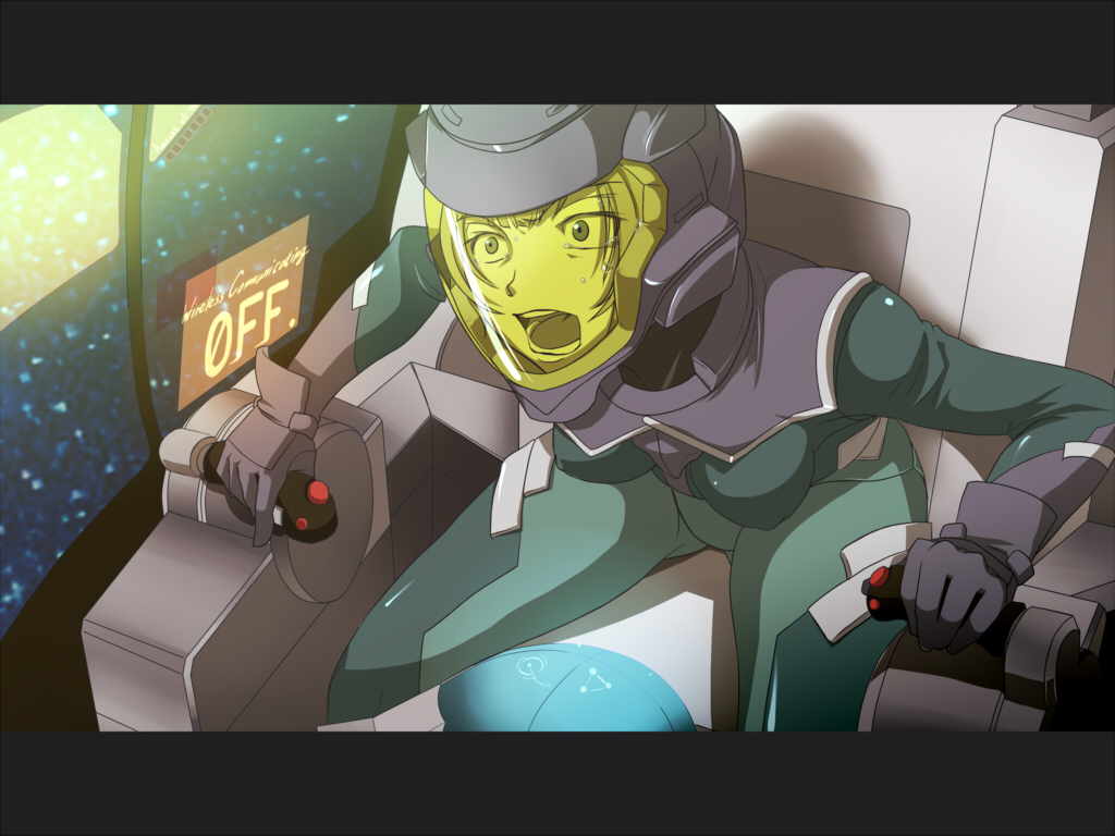 painpa, louise halevy, gundam, gundam 00, pilot suit, 00s, cockpit, helmet, letterboxed, solo, tears